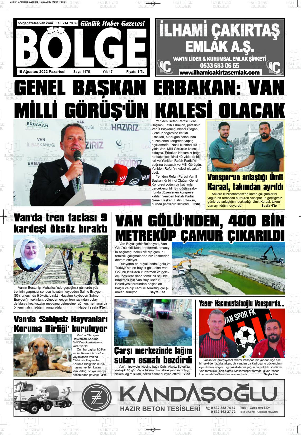 15 Ağustos 2022 Bölge  Silvan Gazete Manşeti