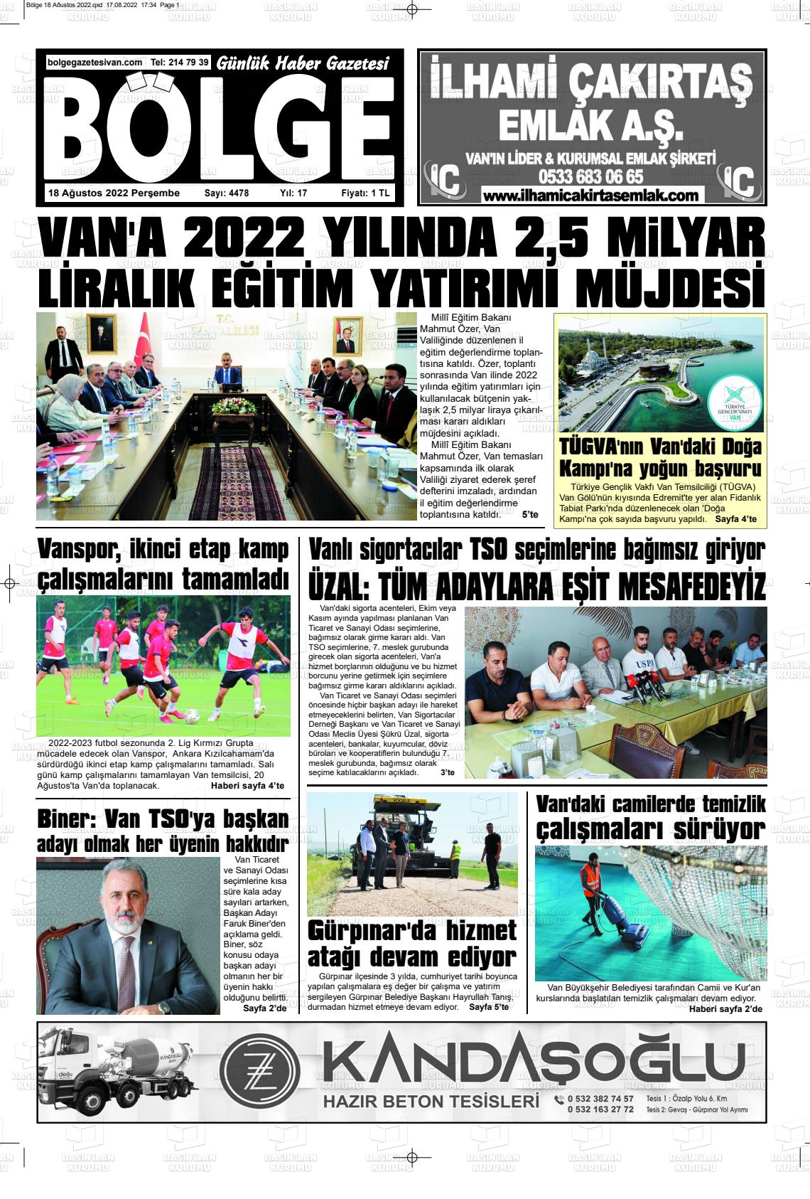 18 Ağustos 2022 Bölge  Silvan Gazete Manşeti