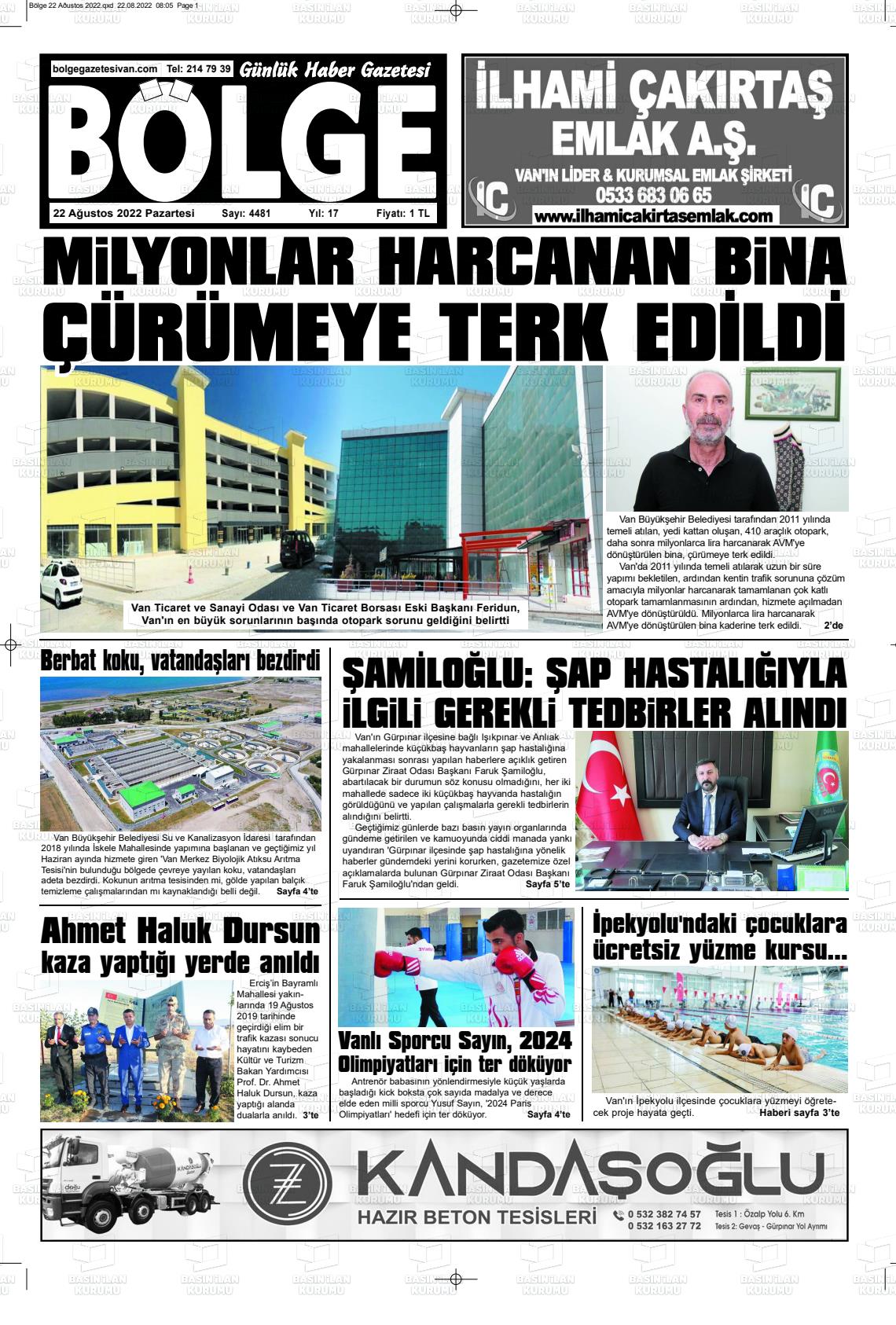 22 Ağustos 2022 Bölge  Silvan Gazete Manşeti