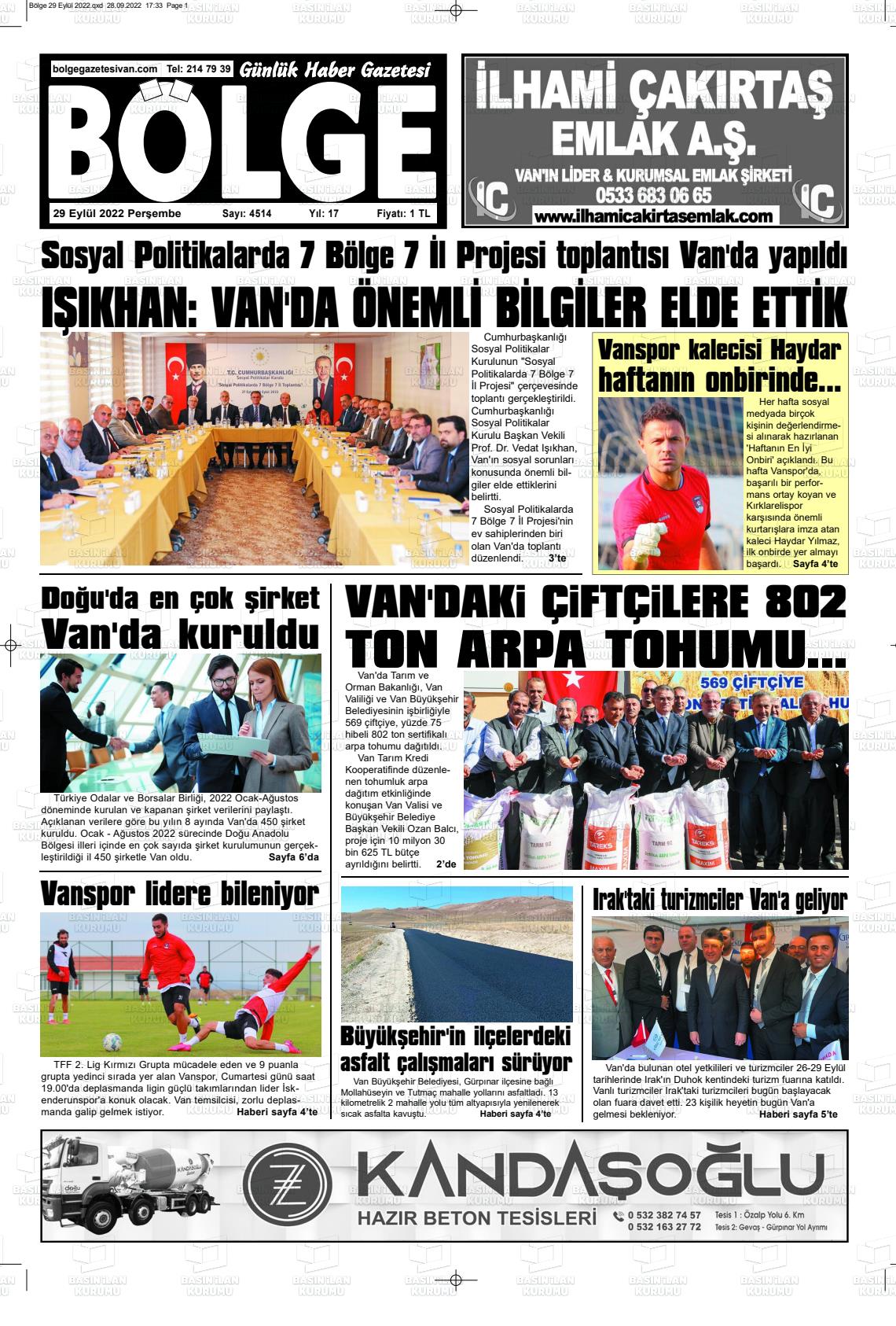 29 Eylül 2022 Bölge  Silvan Gazete Manşeti