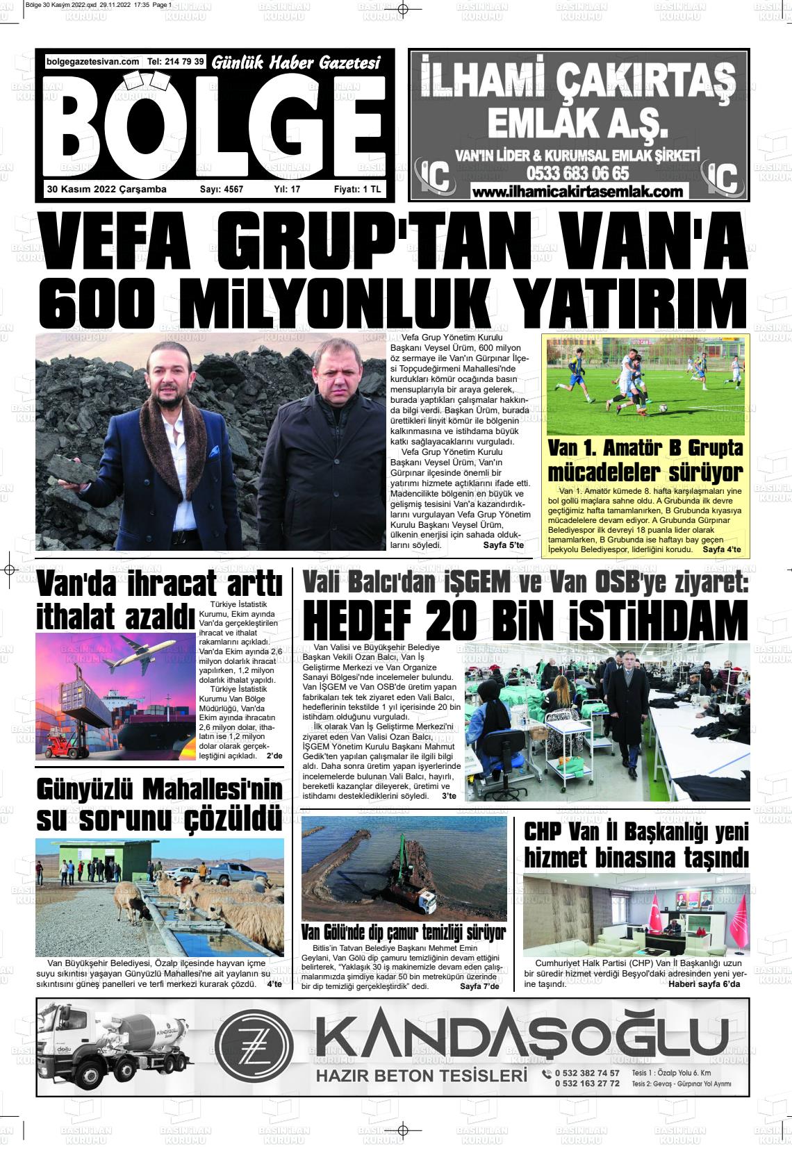 30 Kasım 2022 Bölge  Silvan Gazete Manşeti