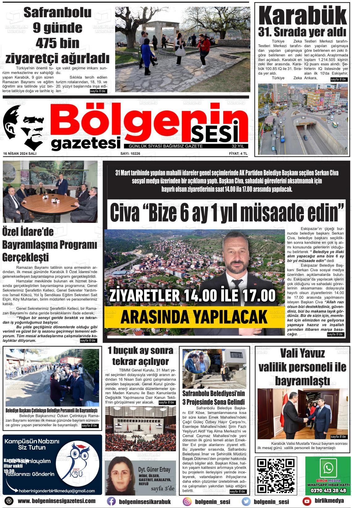 17 Nisan 2024 Bölgenin Sesi Gazete Manşeti