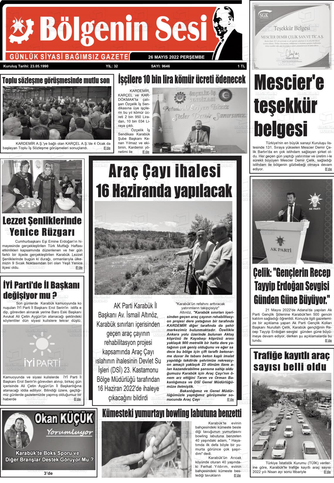 26 Mayıs 2022 Bölgenin Sesi Gazete Manşeti