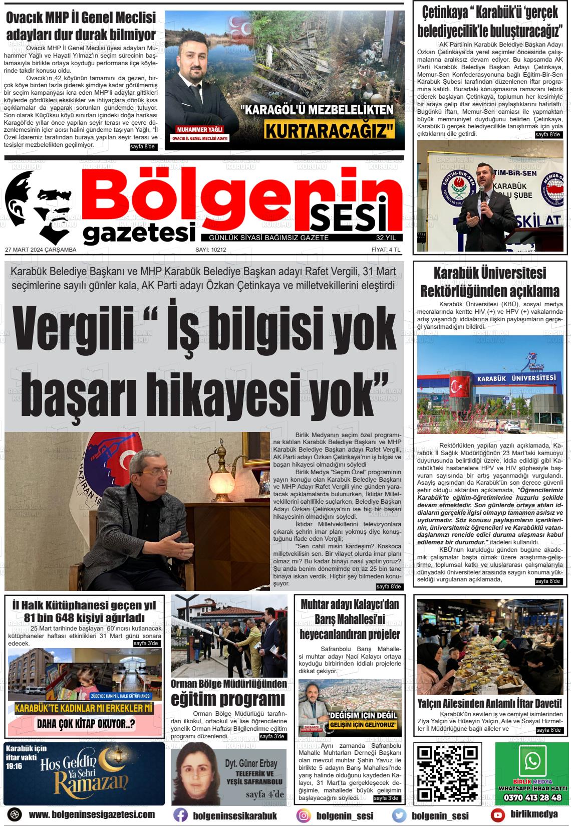 27 Mart 2024 Bölgenin Sesi Gazete Manşeti