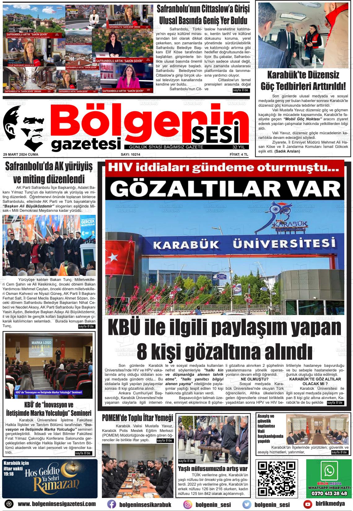 29 Mart 2024 Bölgenin Sesi Gazete Manşeti