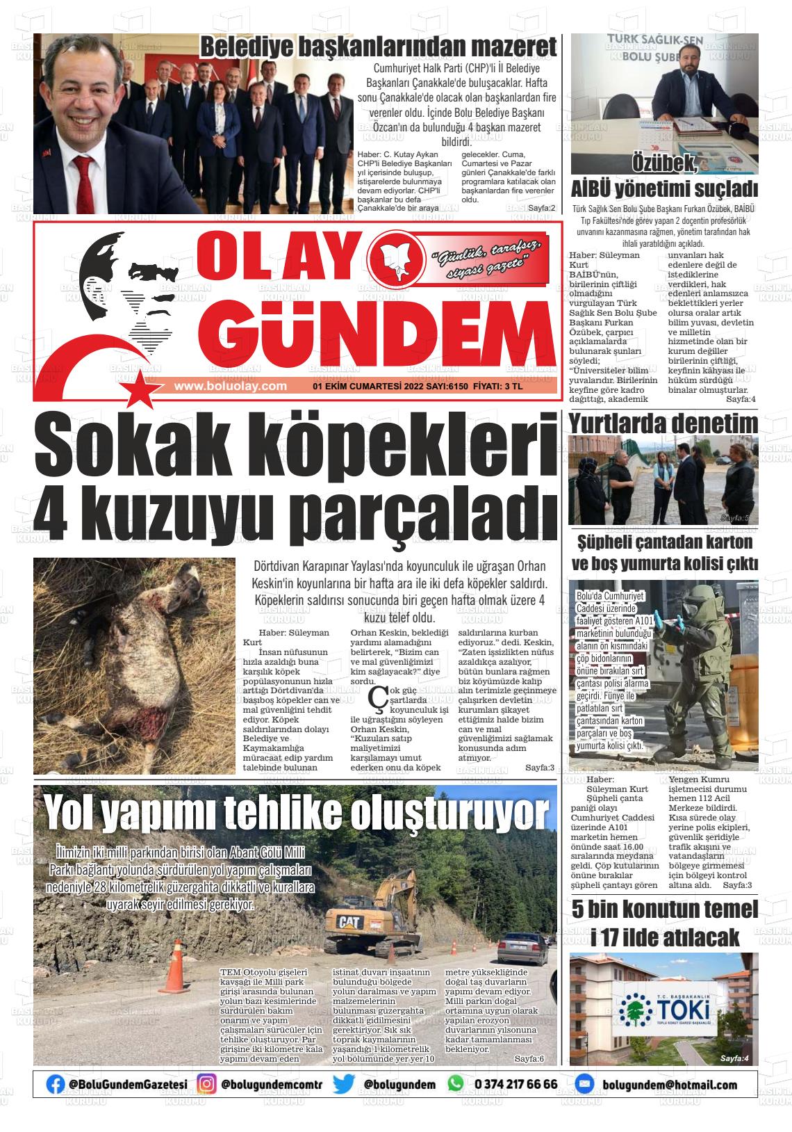 01 Ekim 2022 Bolu Olay Gazete Manşeti