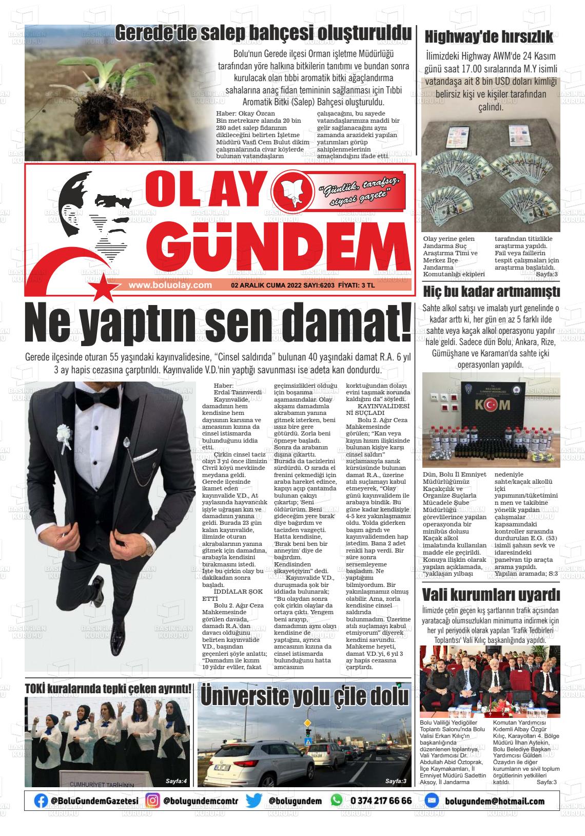 02 Aralık 2022 Bolu Olay Gazete Manşeti