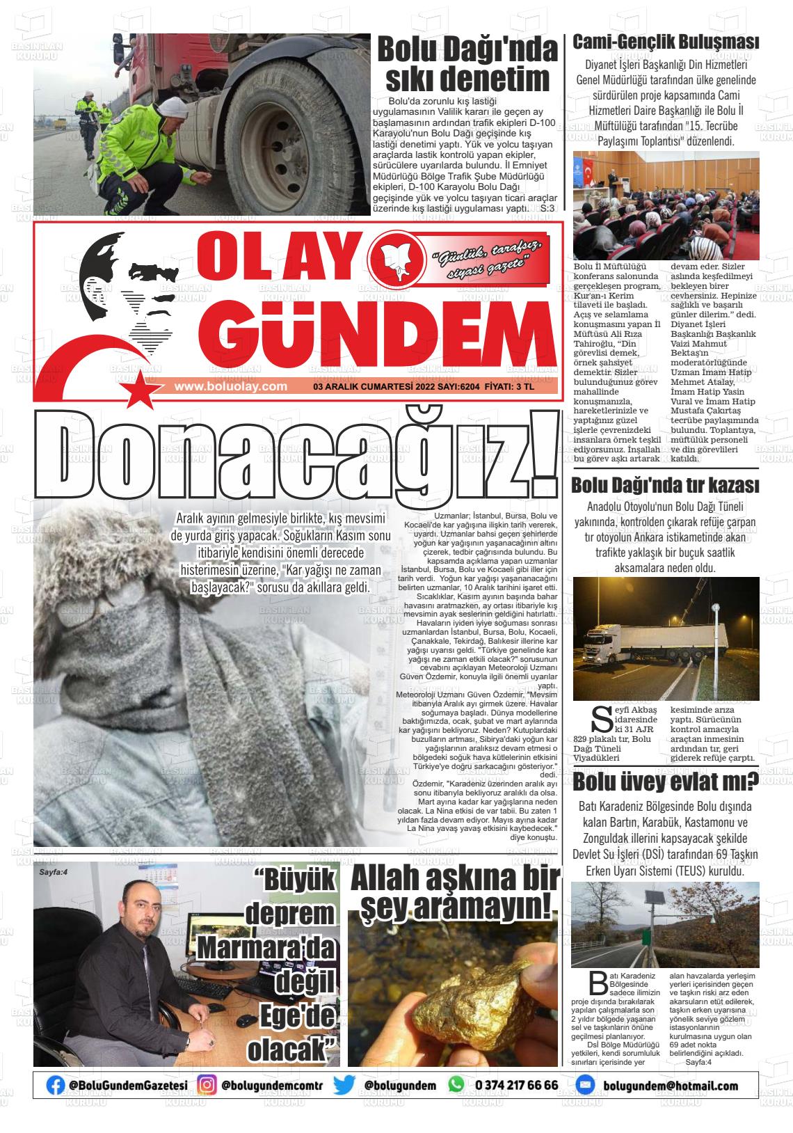 03 Aralık 2022 Bolu Olay Gazete Manşeti