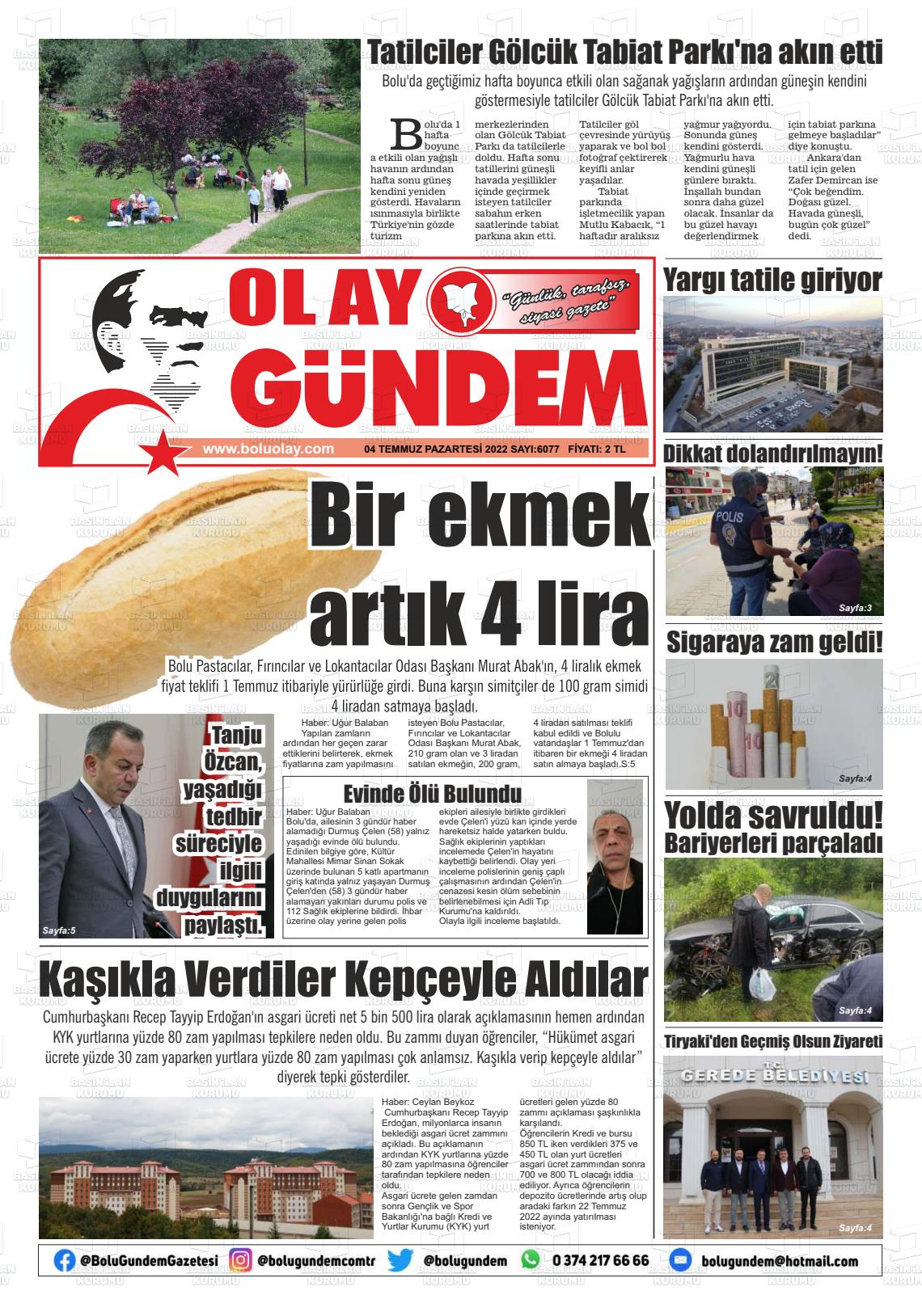 04 Temmuz 2022 Bolu Olay Gazete Manşeti
