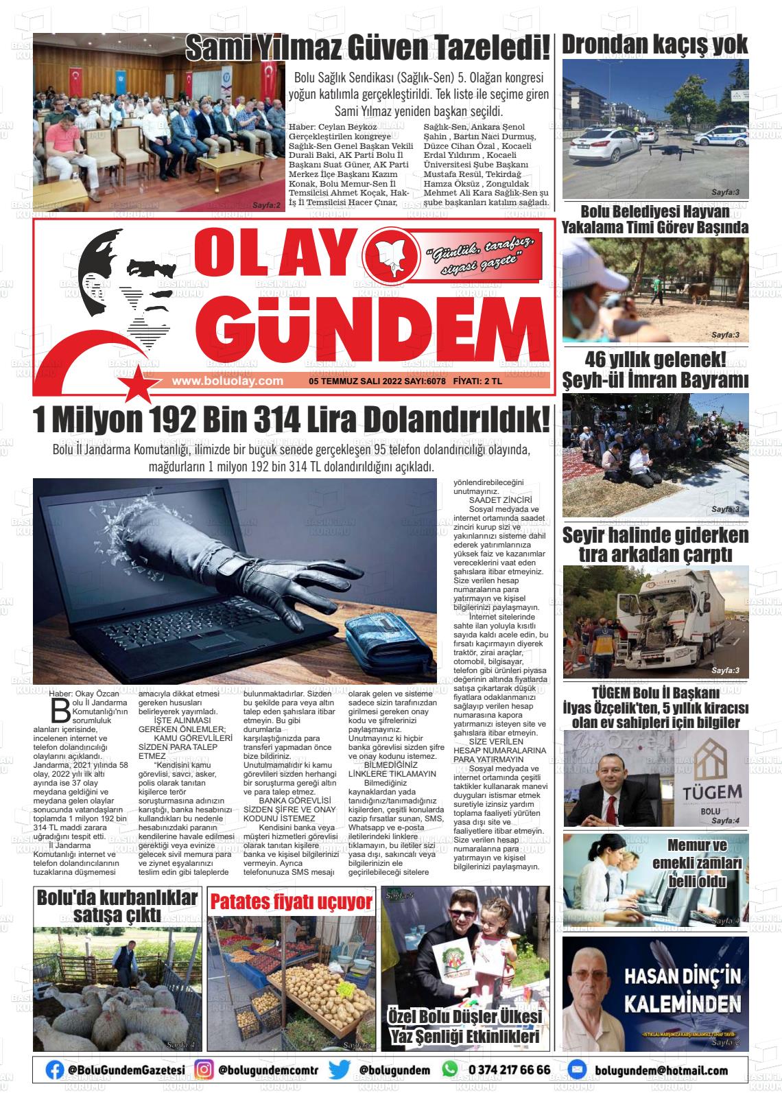 05 Temmuz 2022 Bolu Olay Gazete Manşeti