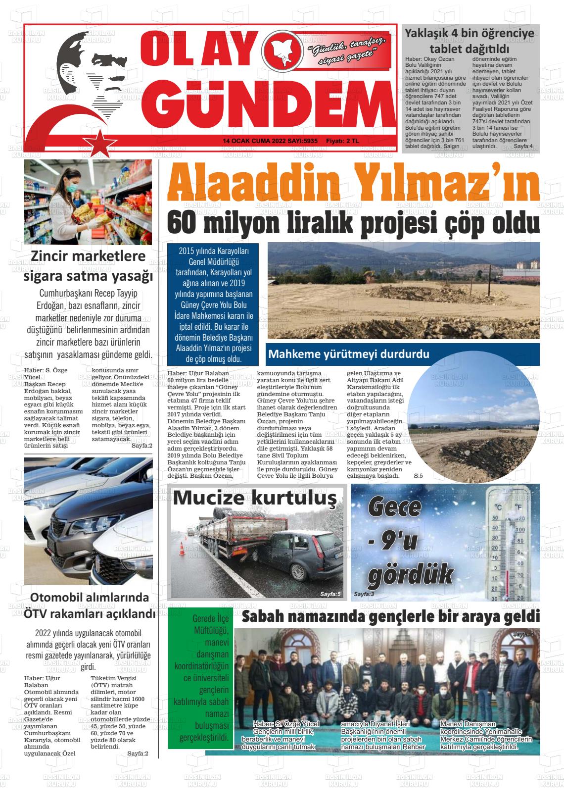 14 Ocak 2022 Bolu Olay Gazete Manşeti