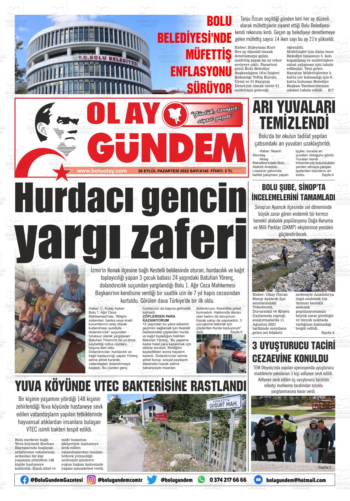 26 Eylül 2022 Bolu Olay Gazete Manşeti