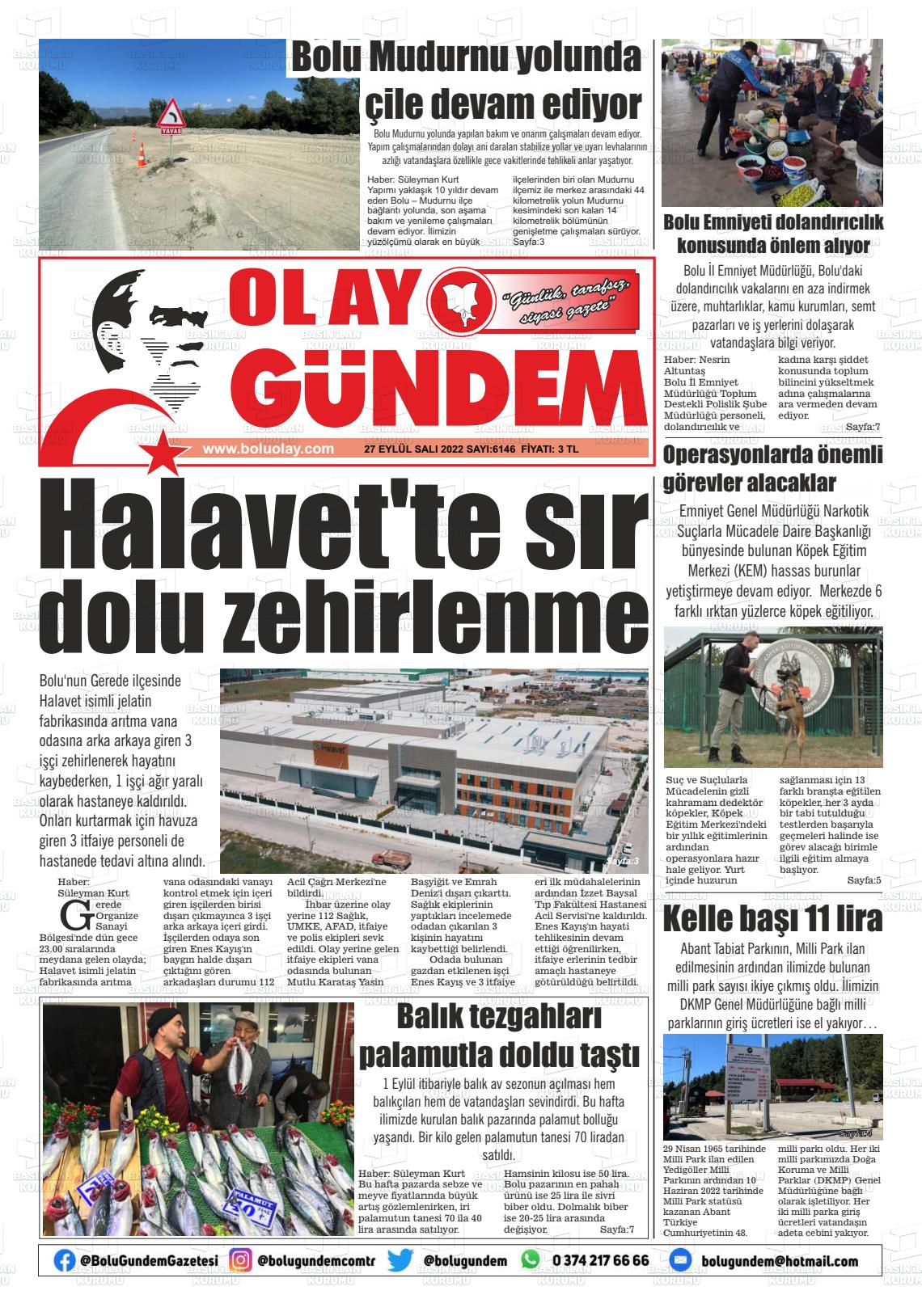 27 Eylül 2022 Bolu Olay Gazete Manşeti