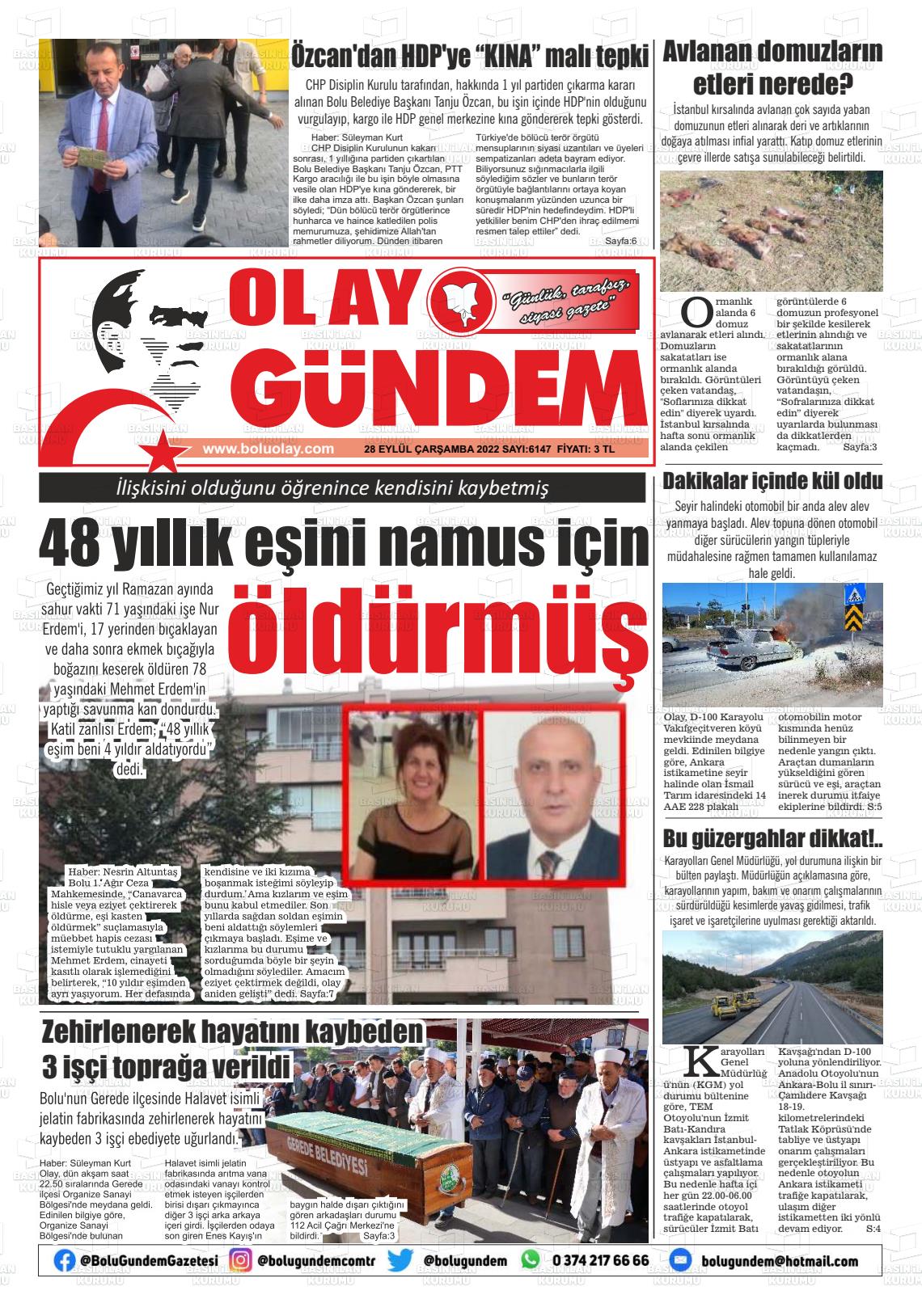 28 Eylül 2022 Bolu Olay Gazete Manşeti