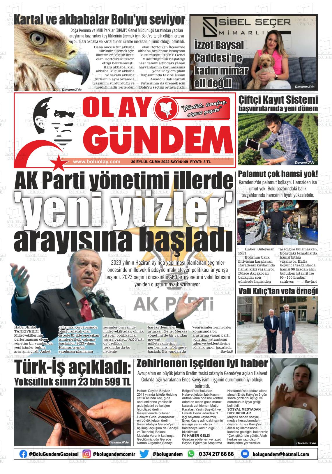 30 Eylül 2022 Bolu Olay Gazete Manşeti