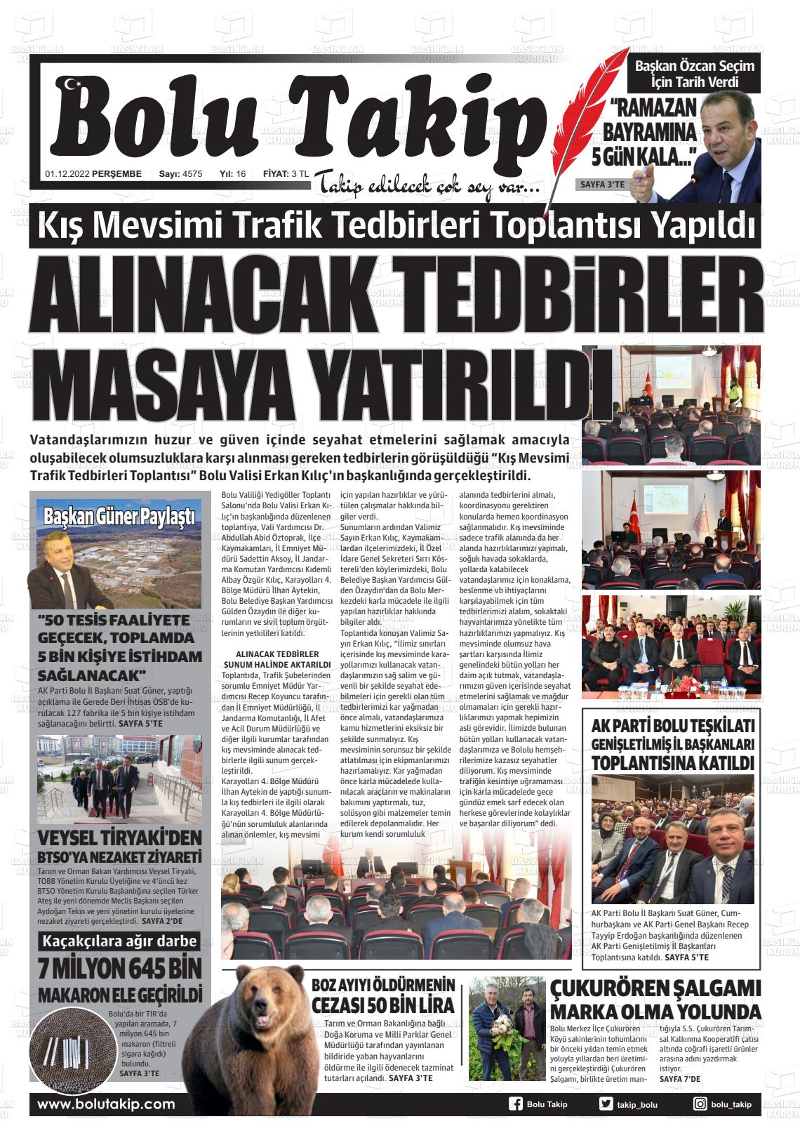 02 Aralık 2022 Bolu Takip Gazete Manşeti