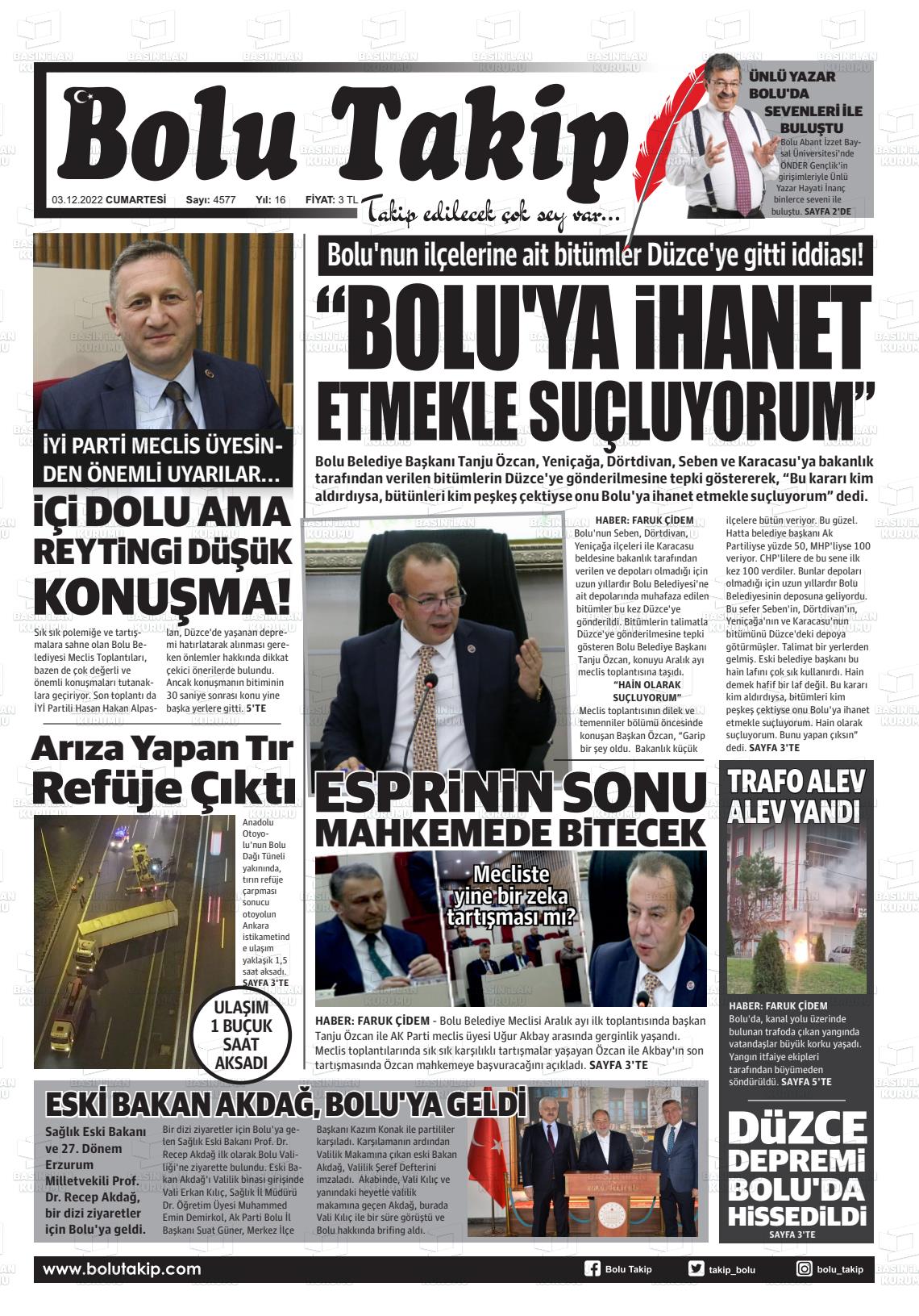03 Aralık 2022 Bolu Takip Gazete Manşeti