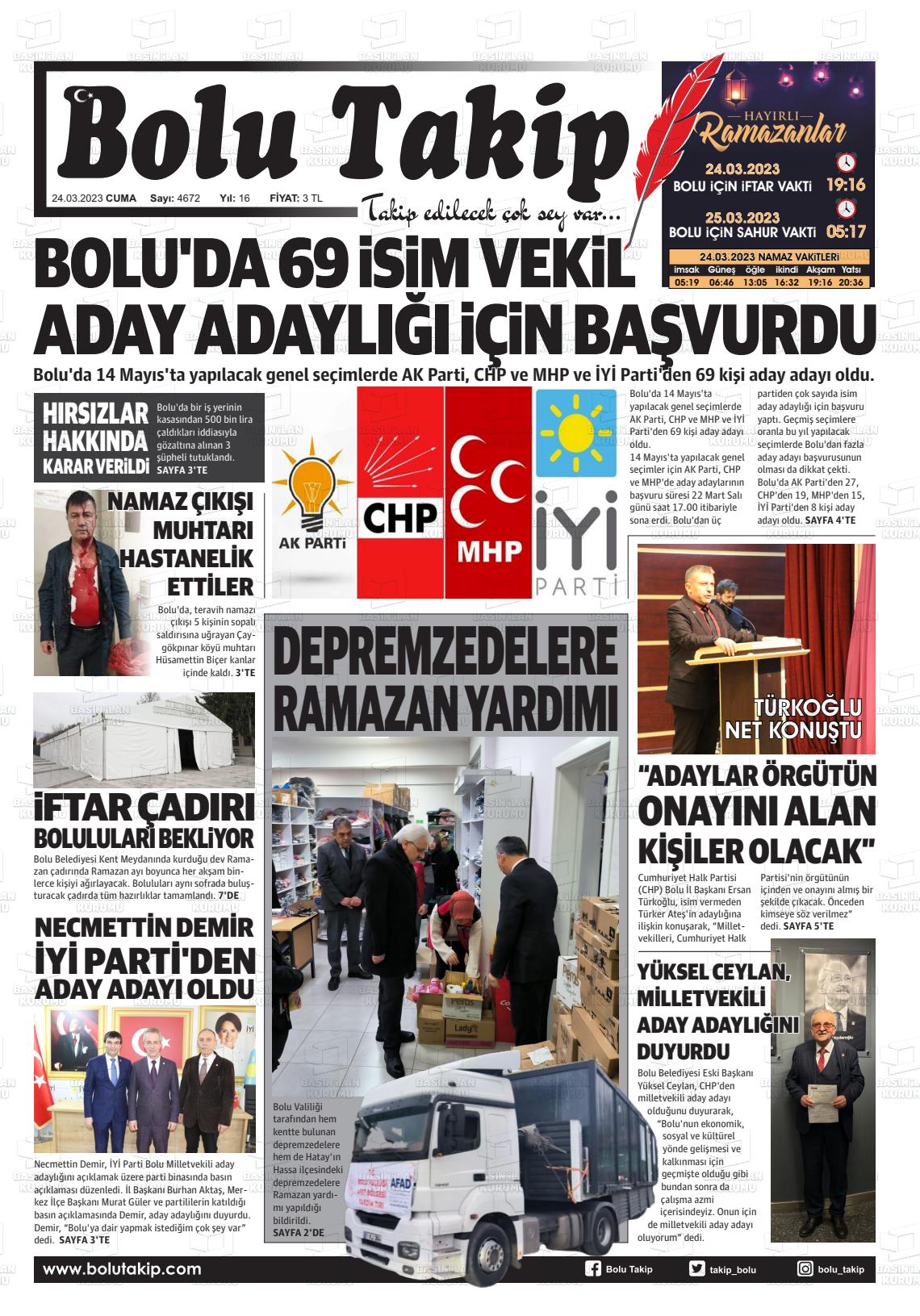 24 Mart 2023 Bolu Takip Gazete Manşeti
