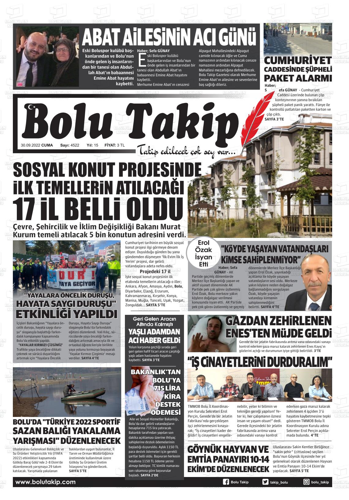 30 Eylül 2022 Bolu Takip Gazete Manşeti