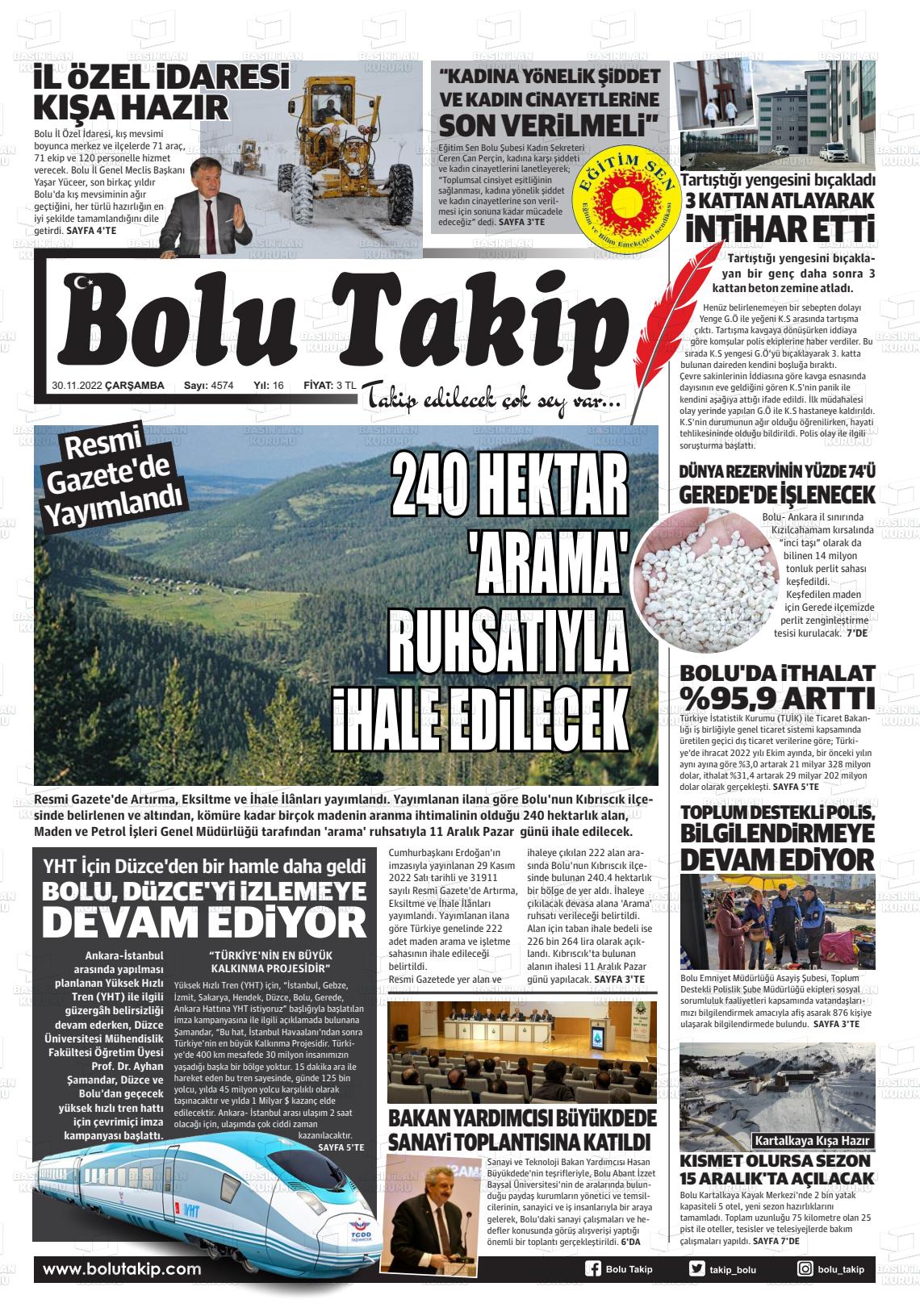 30 Kasım 2022 Bolu Takip Gazete Manşeti
