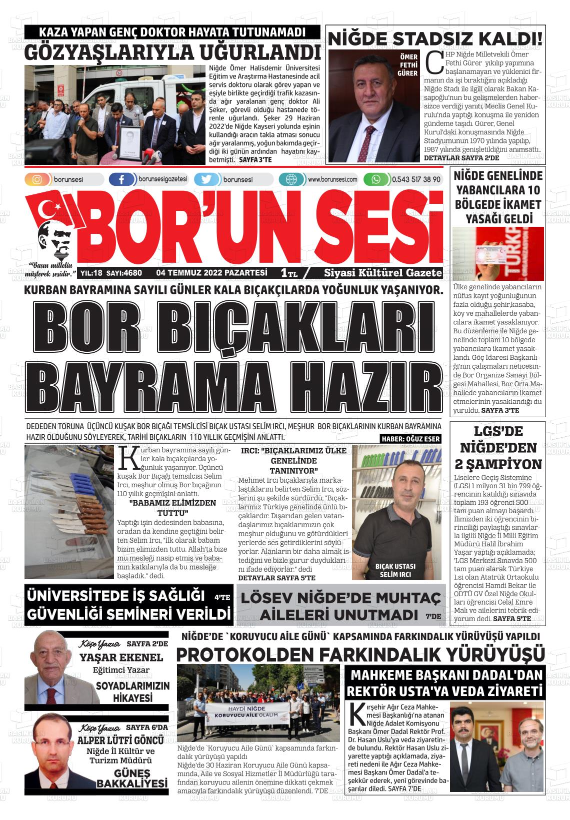 04 Temmuz 2022 Bor'un Sesi Gazete Manşeti