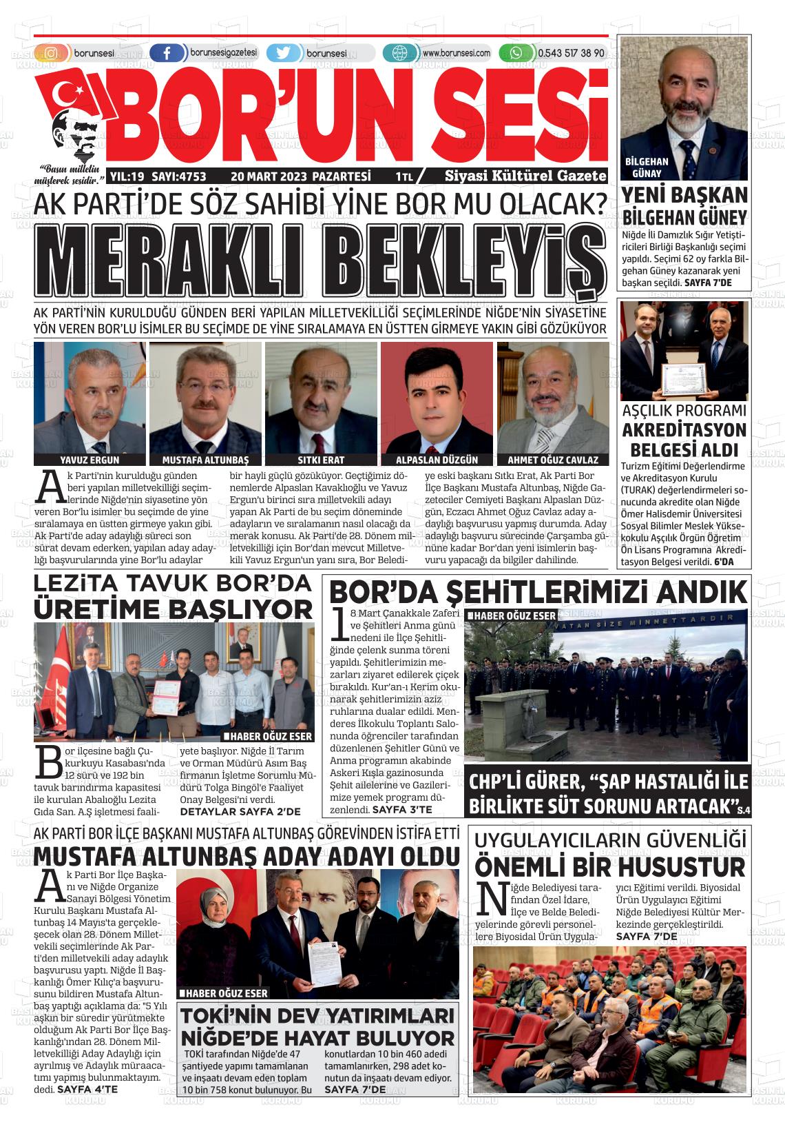 20 Mart 2023 Bor'un Sesi Gazete Manşeti