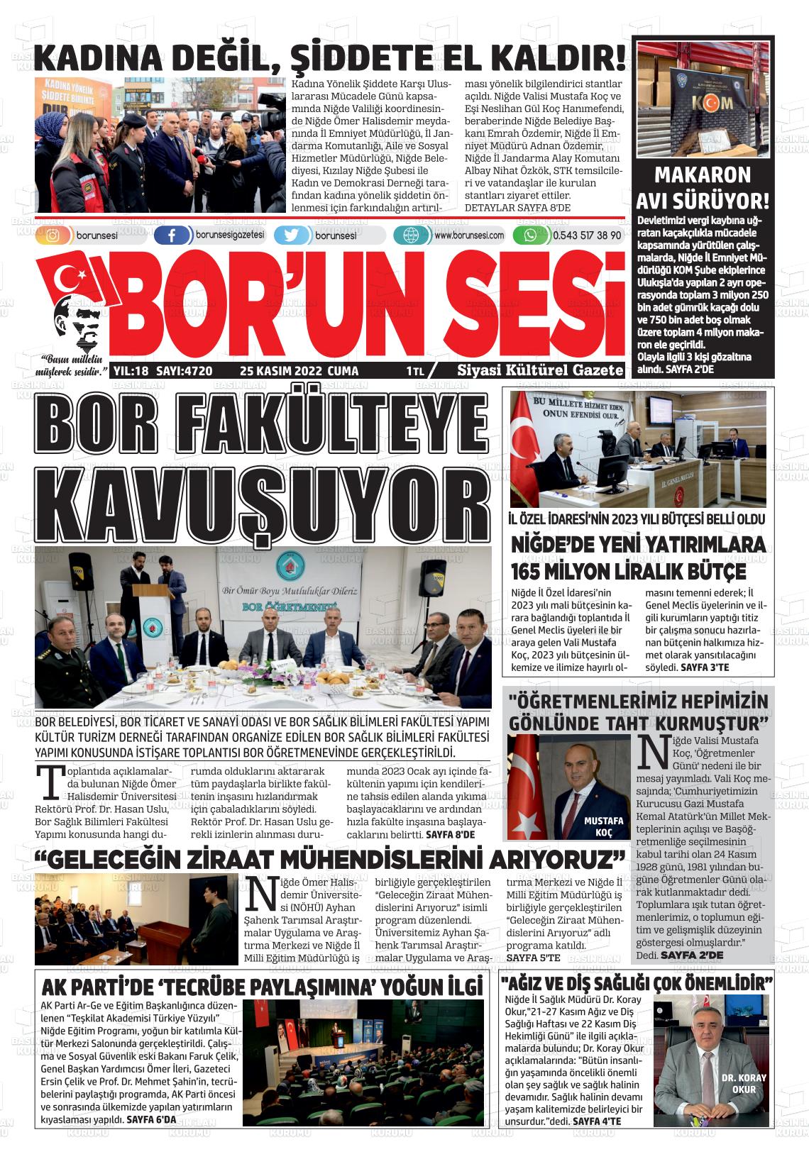 25 Kasım 2022 Bor'un Sesi Gazete Manşeti