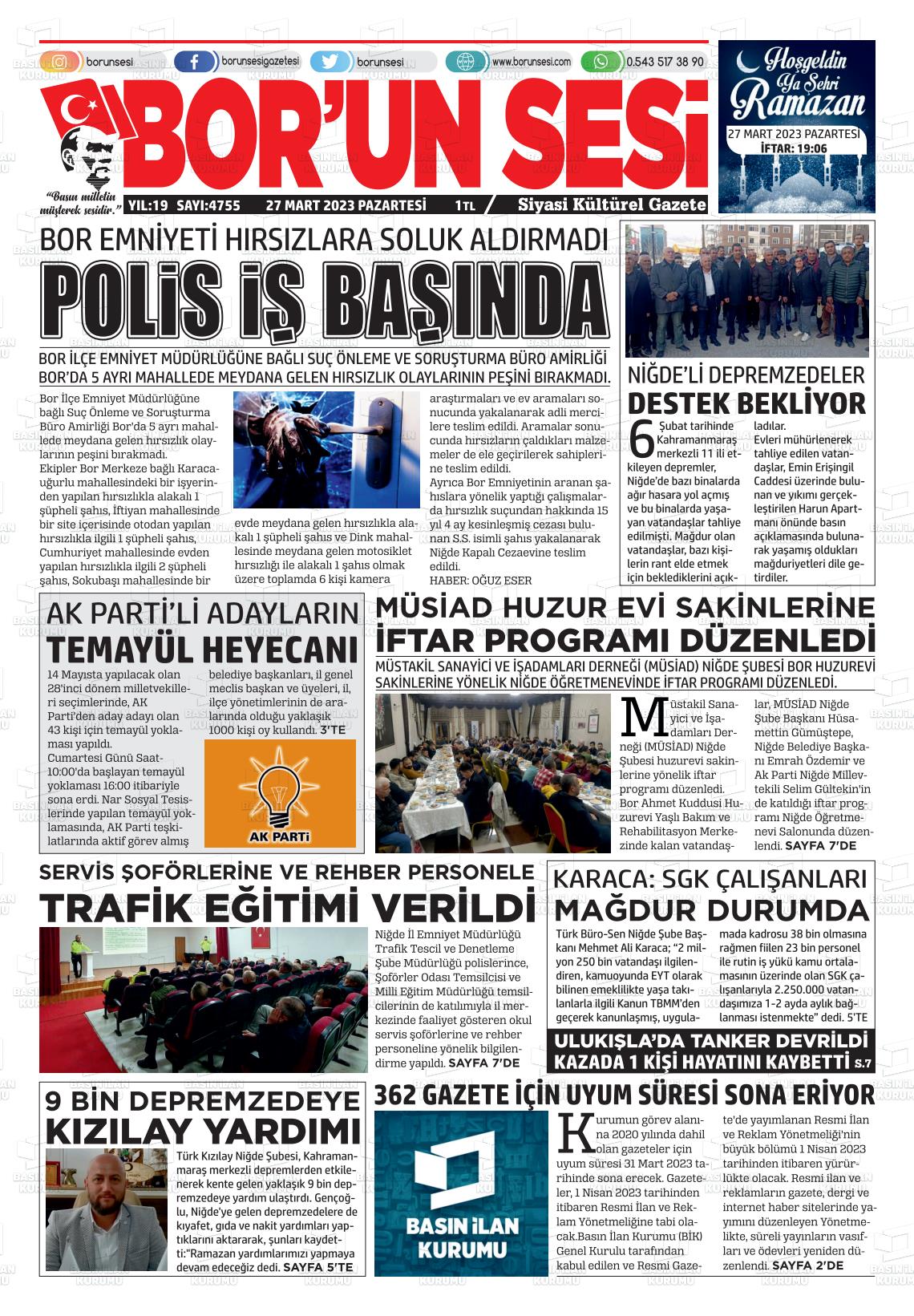 27 Mart 2023 Bor'un Sesi Gazete Manşeti