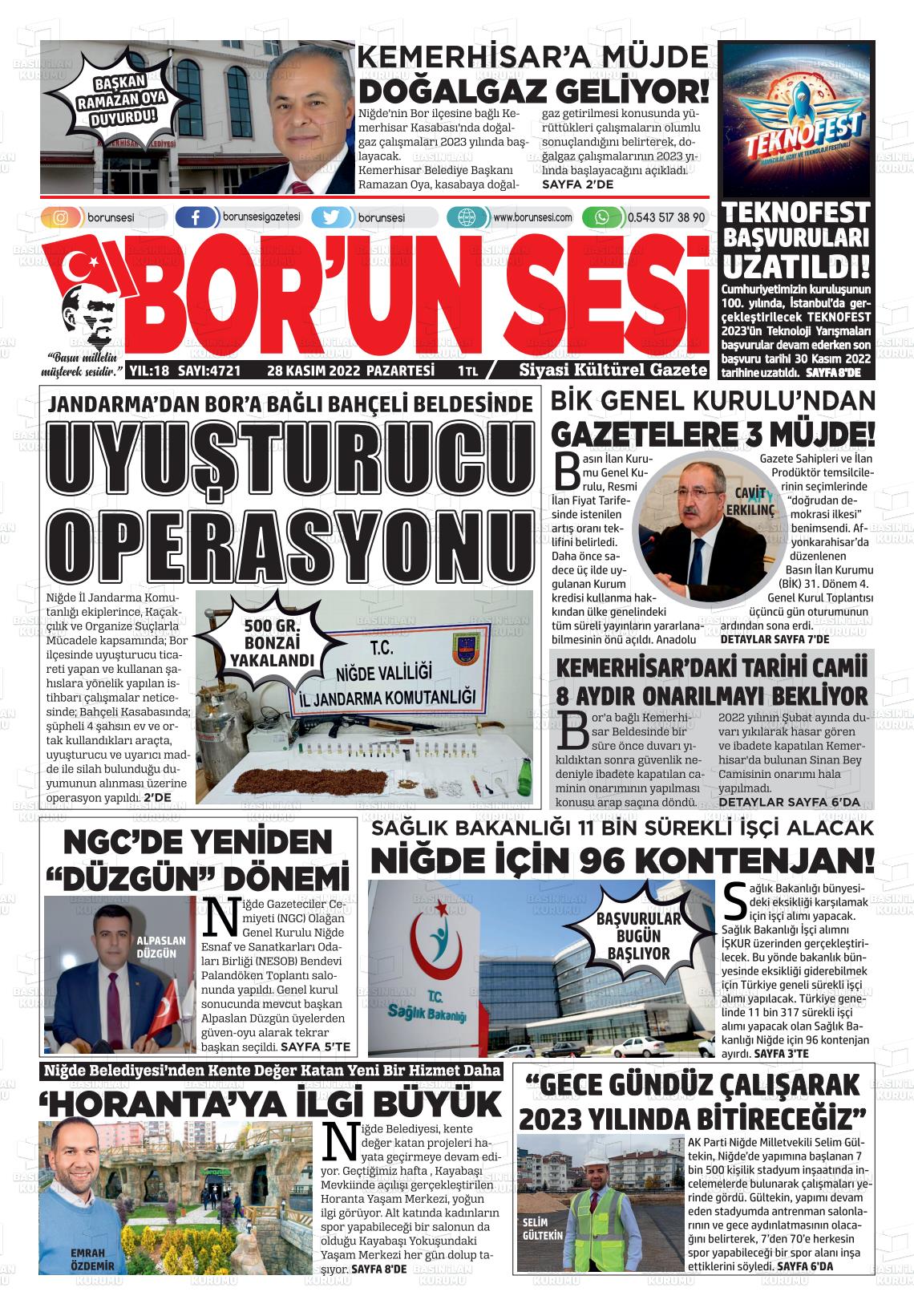 28 Kasım 2022 Bor'un Sesi Gazete Manşeti