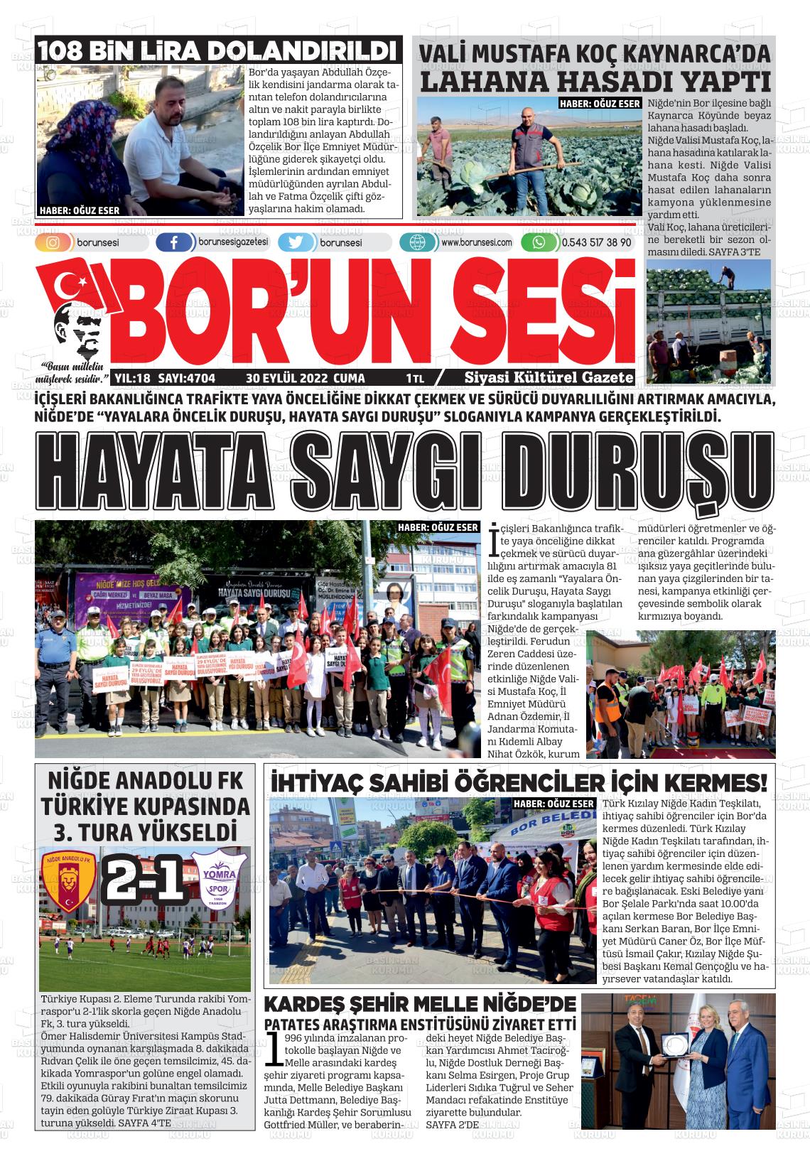 30 Eylül 2022 Bor'un Sesi Gazete Manşeti