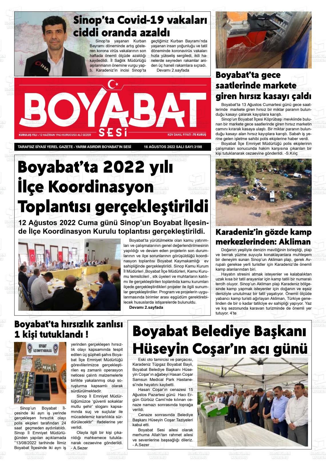 16 Ağustos 2022 Boyabat Sesi Gazete Manşeti