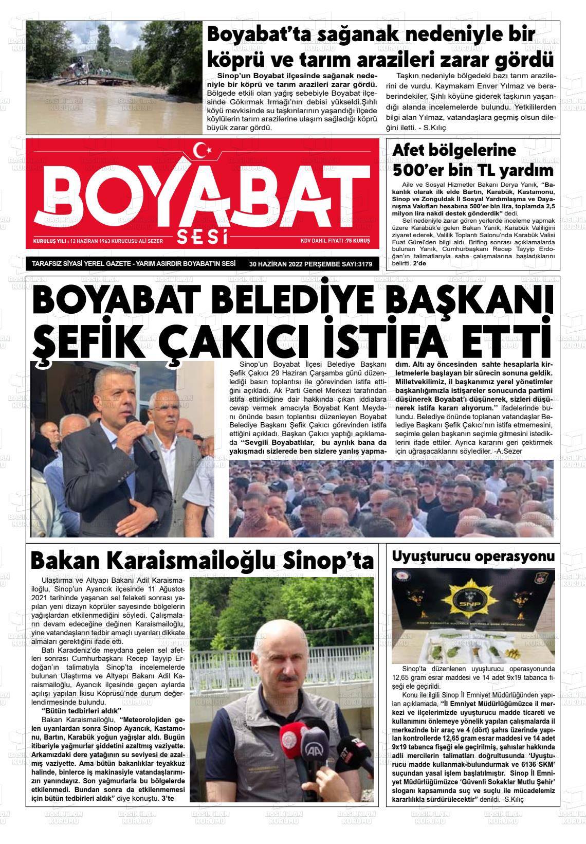 01 Temmuz 2022 Boyabat Sesi Gazete Manşeti