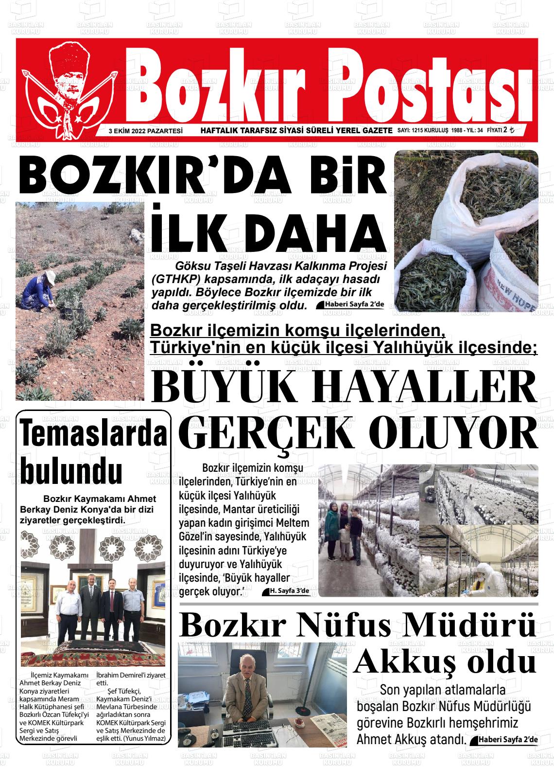 03 Ekim 2022 Bozkır Postası Gazete Manşeti