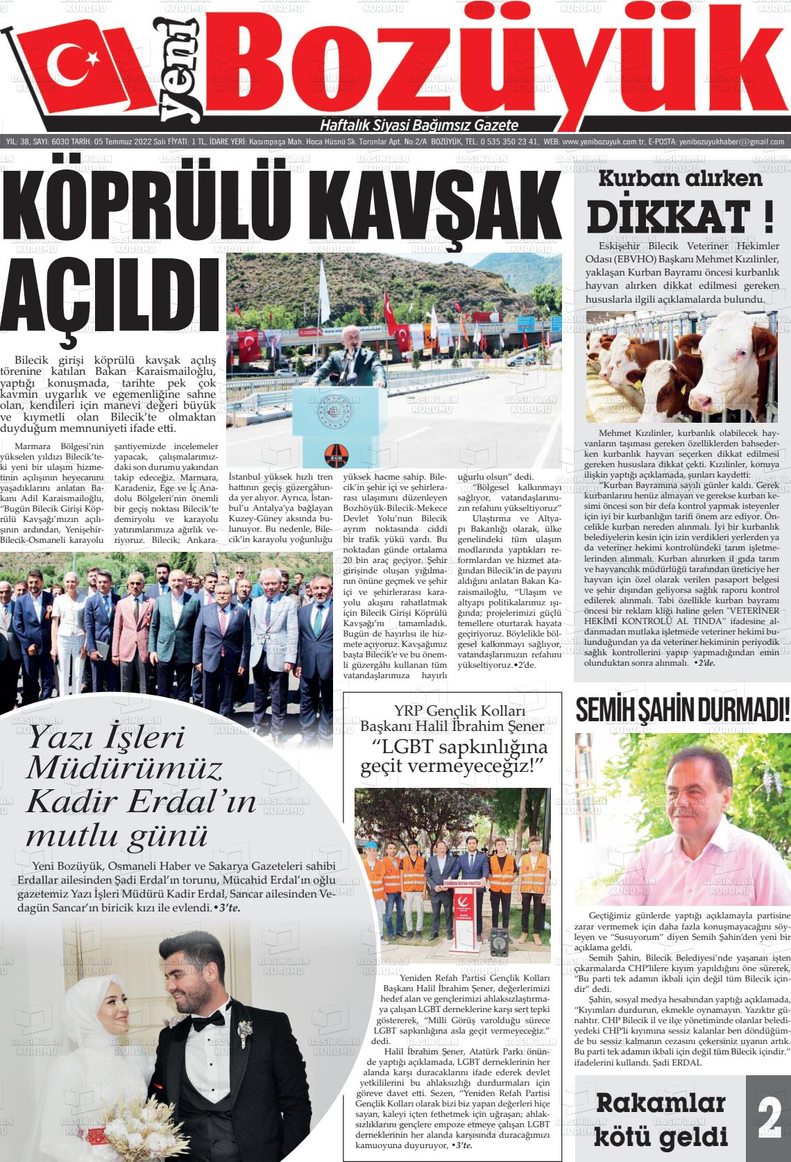 05 Temmuz 2022 Yeni Bozüyük Gazete Manşeti