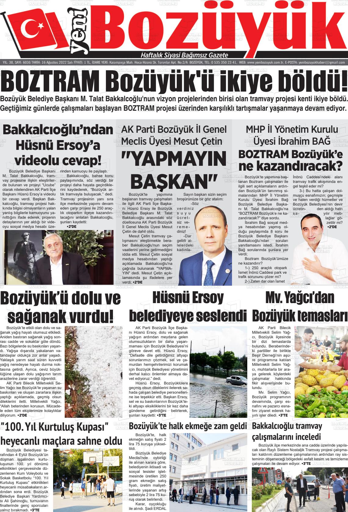 16 Ağustos 2022 Yeni Bozüyük Gazete Manşeti