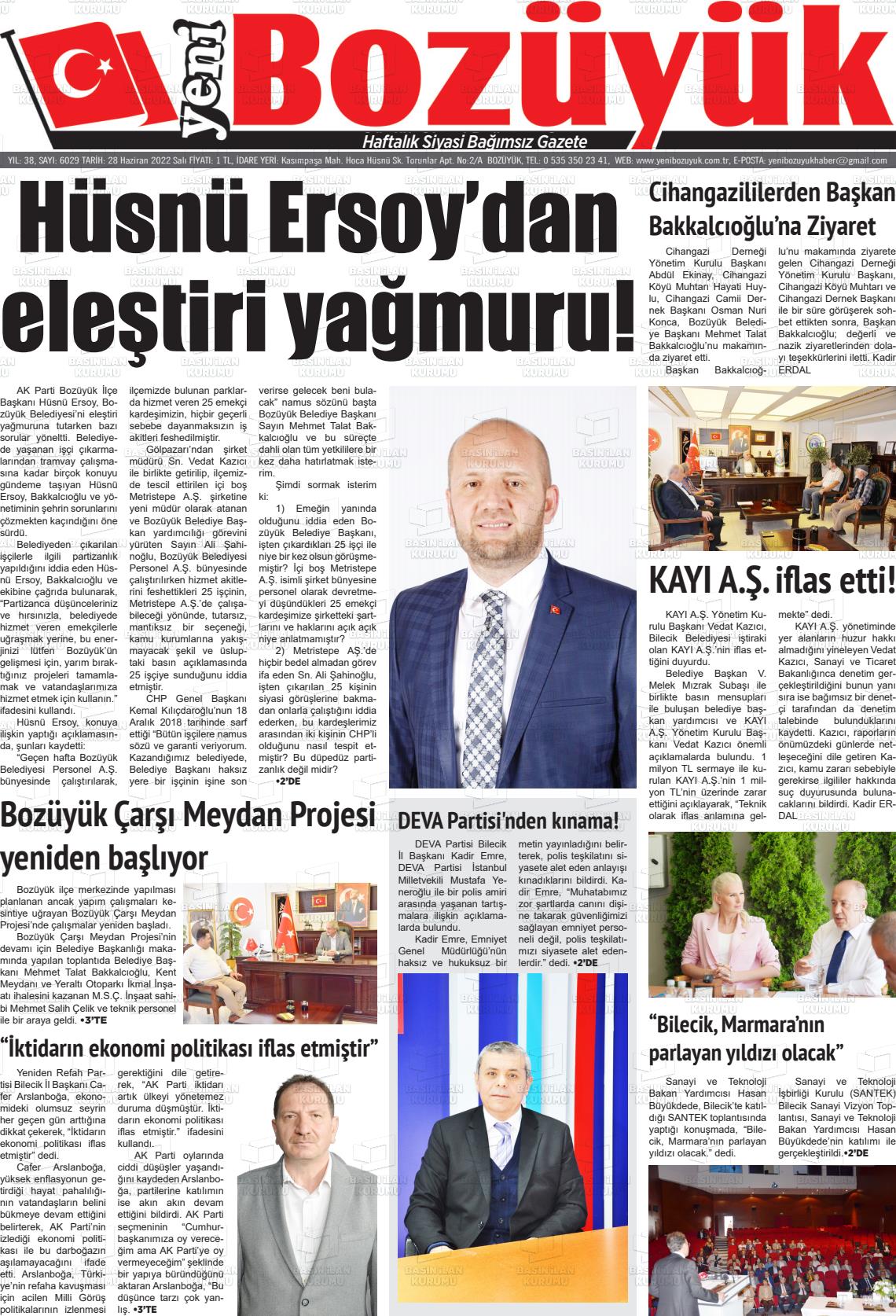 28 Haziran 2022 Yeni Bozüyük Gazete Manşeti