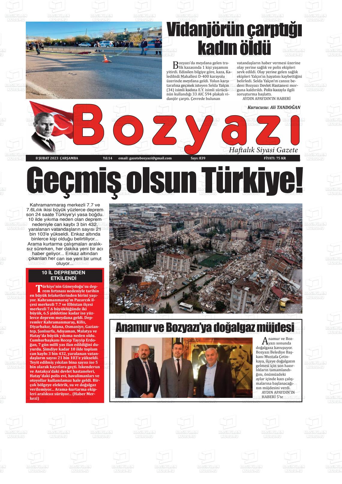 08 Şubat 2023 Bozyazi Gazete Manşeti
