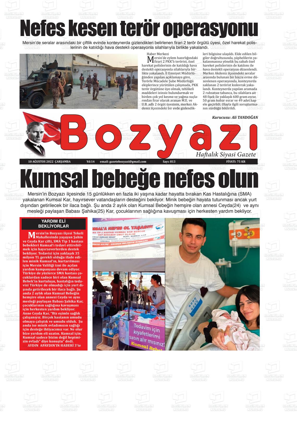 10 Ağustos 2022 Bozyazi Gazete Manşeti