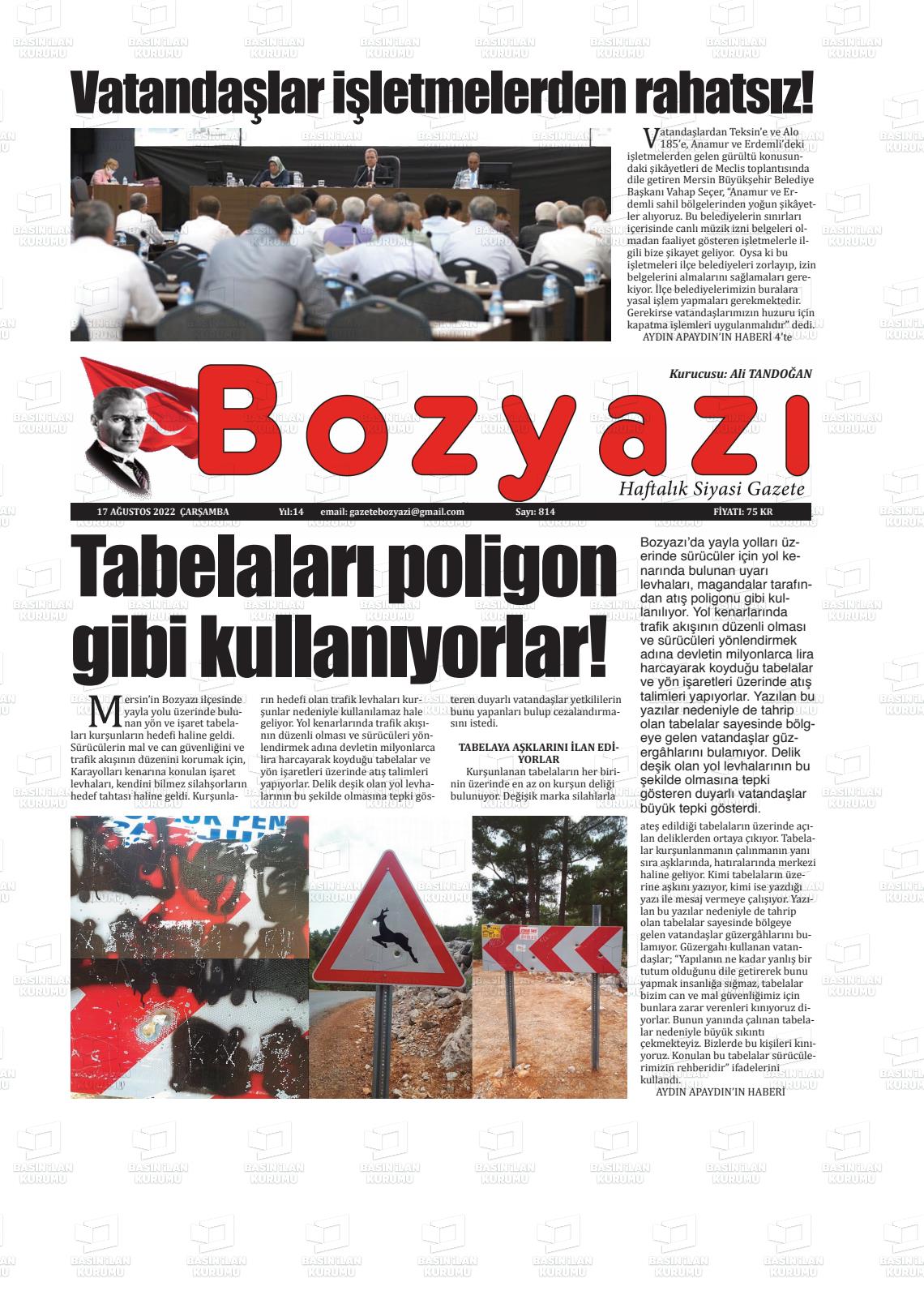 17 Ağustos 2022 Bozyazi Gazete Manşeti