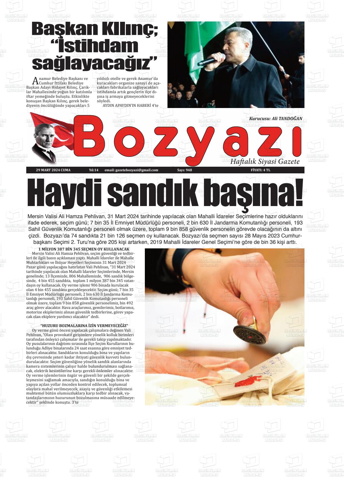 29 Mart 2024 Bozyazi Gazete Manşeti
