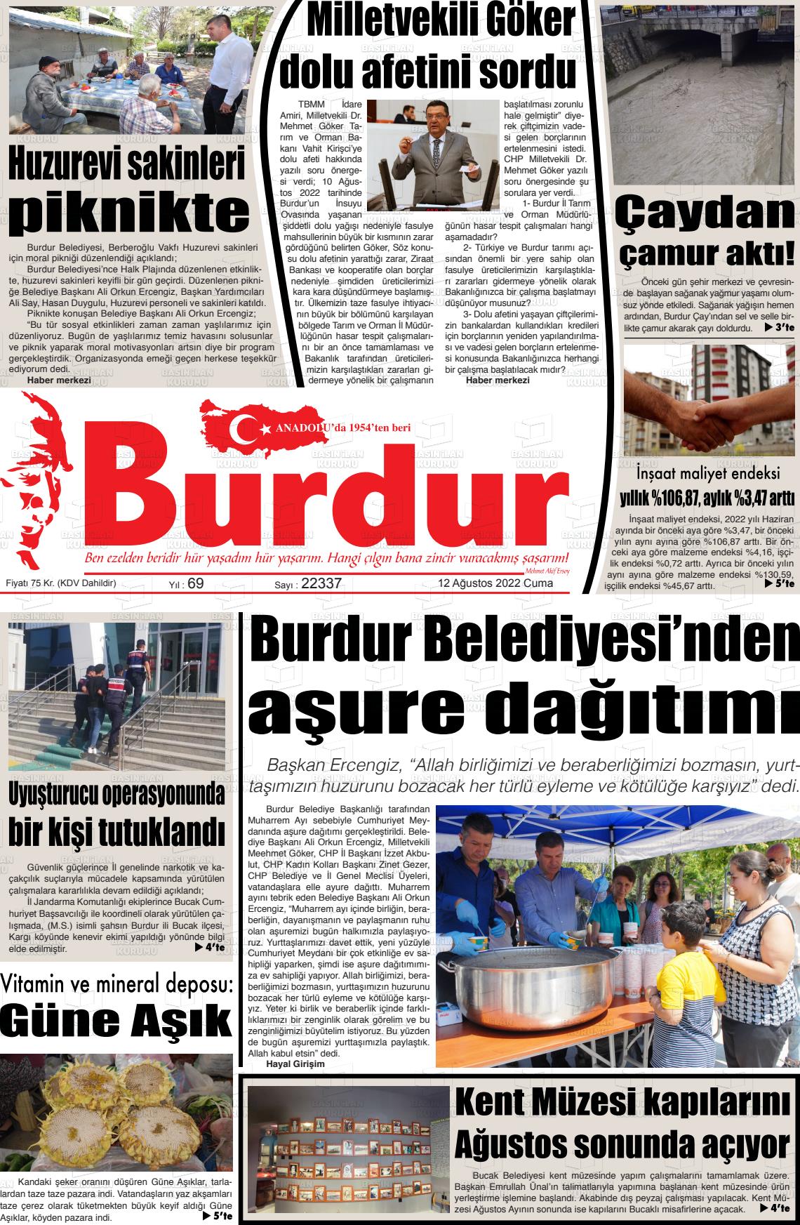 12 Ağustos 2022 Burdur Gazete Manşeti