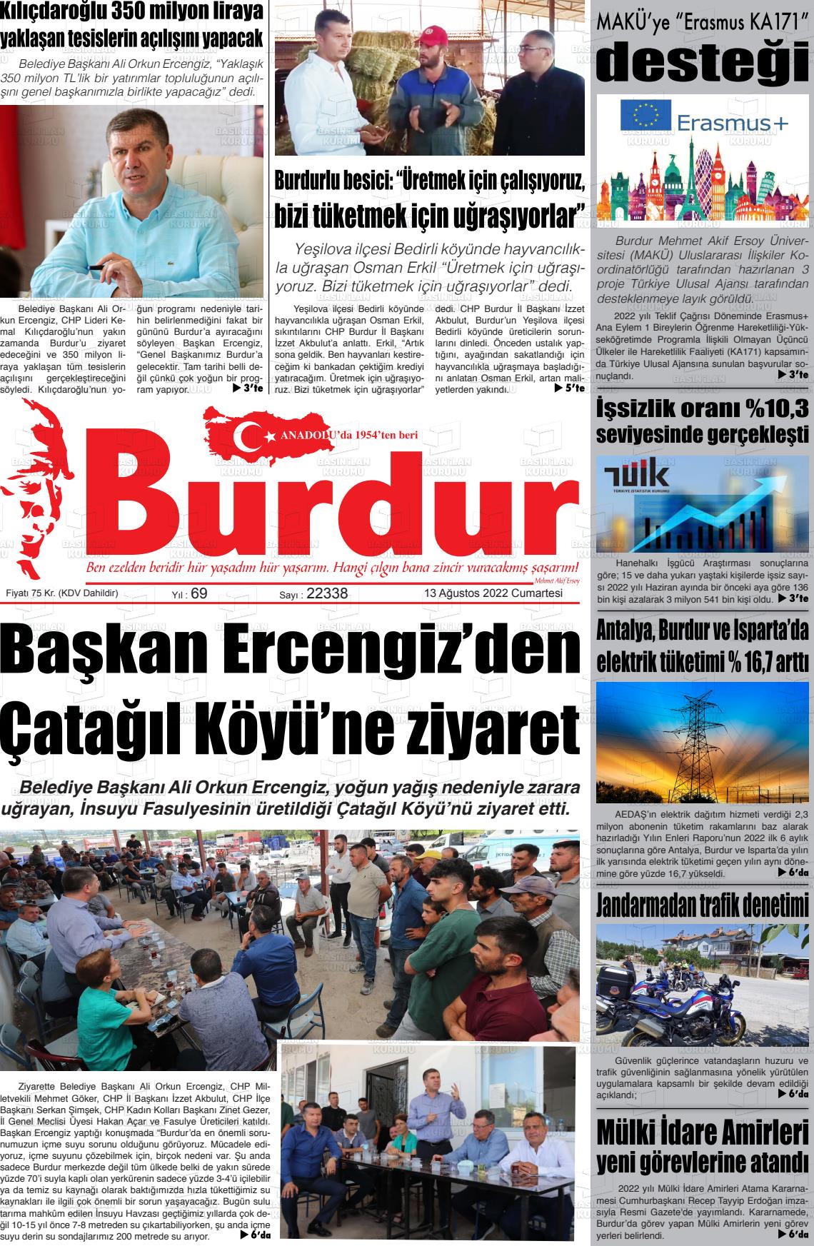 13 Ağustos 2022 Burdur Gazete Manşeti