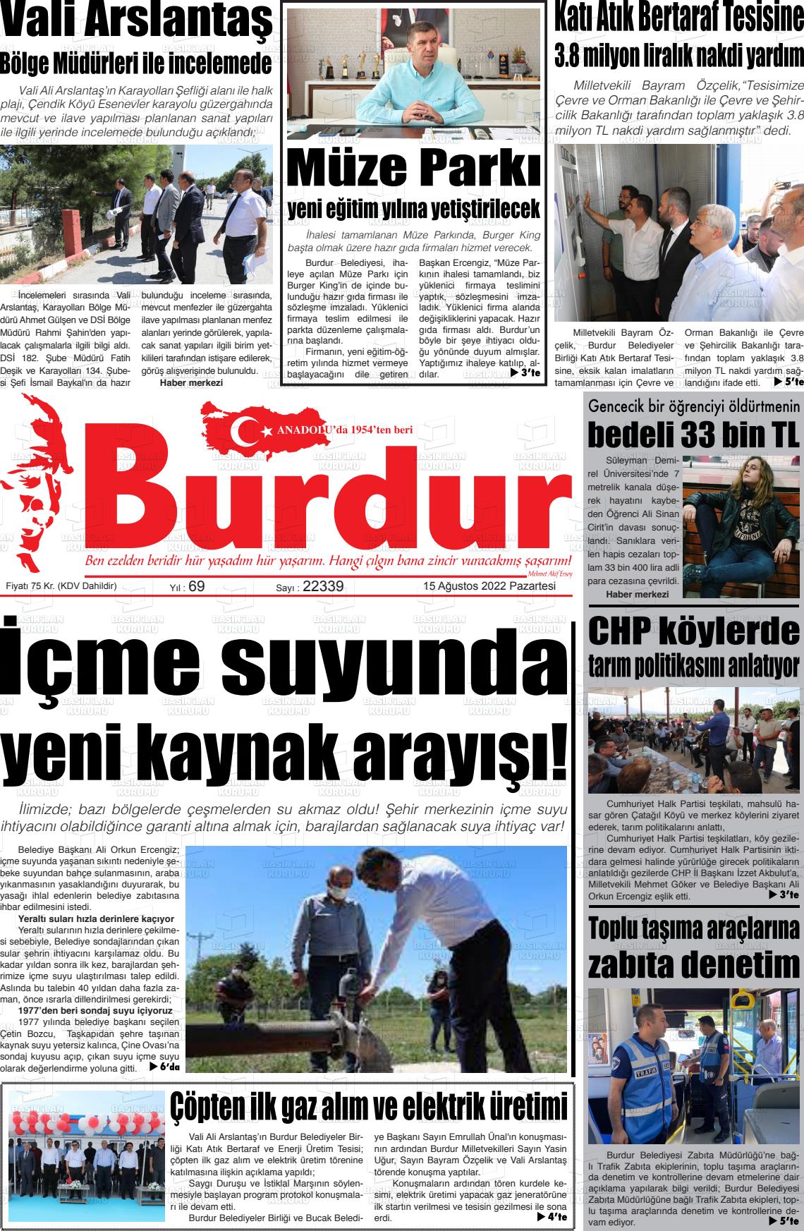 15 Ağustos 2022 Burdur Gazete Manşeti