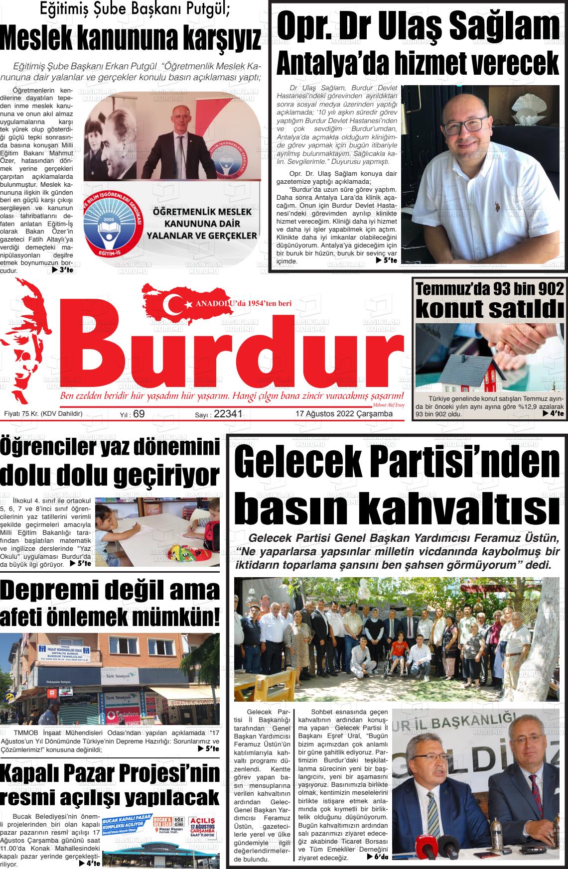 17 Ağustos 2022 Burdur Gazete Manşeti