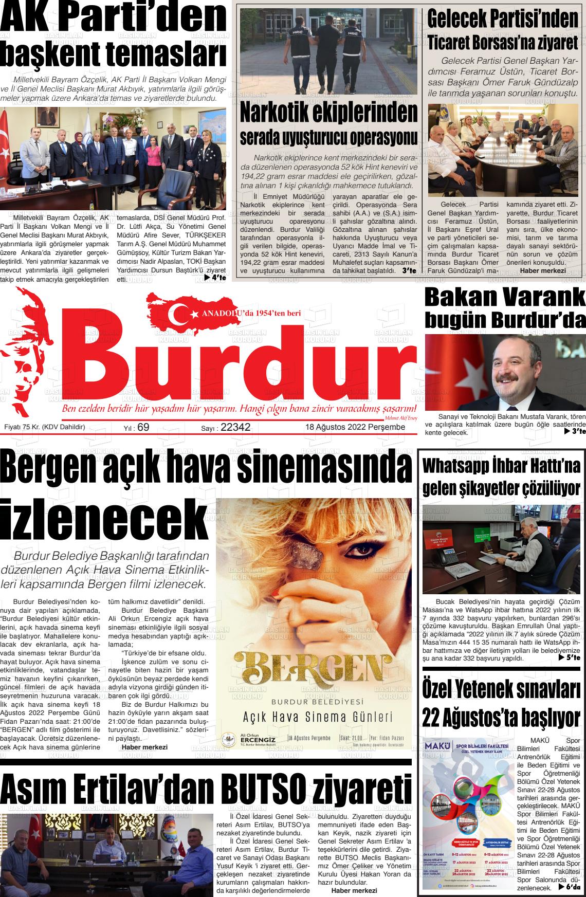 18 Ağustos 2022 Burdur Gazete Manşeti