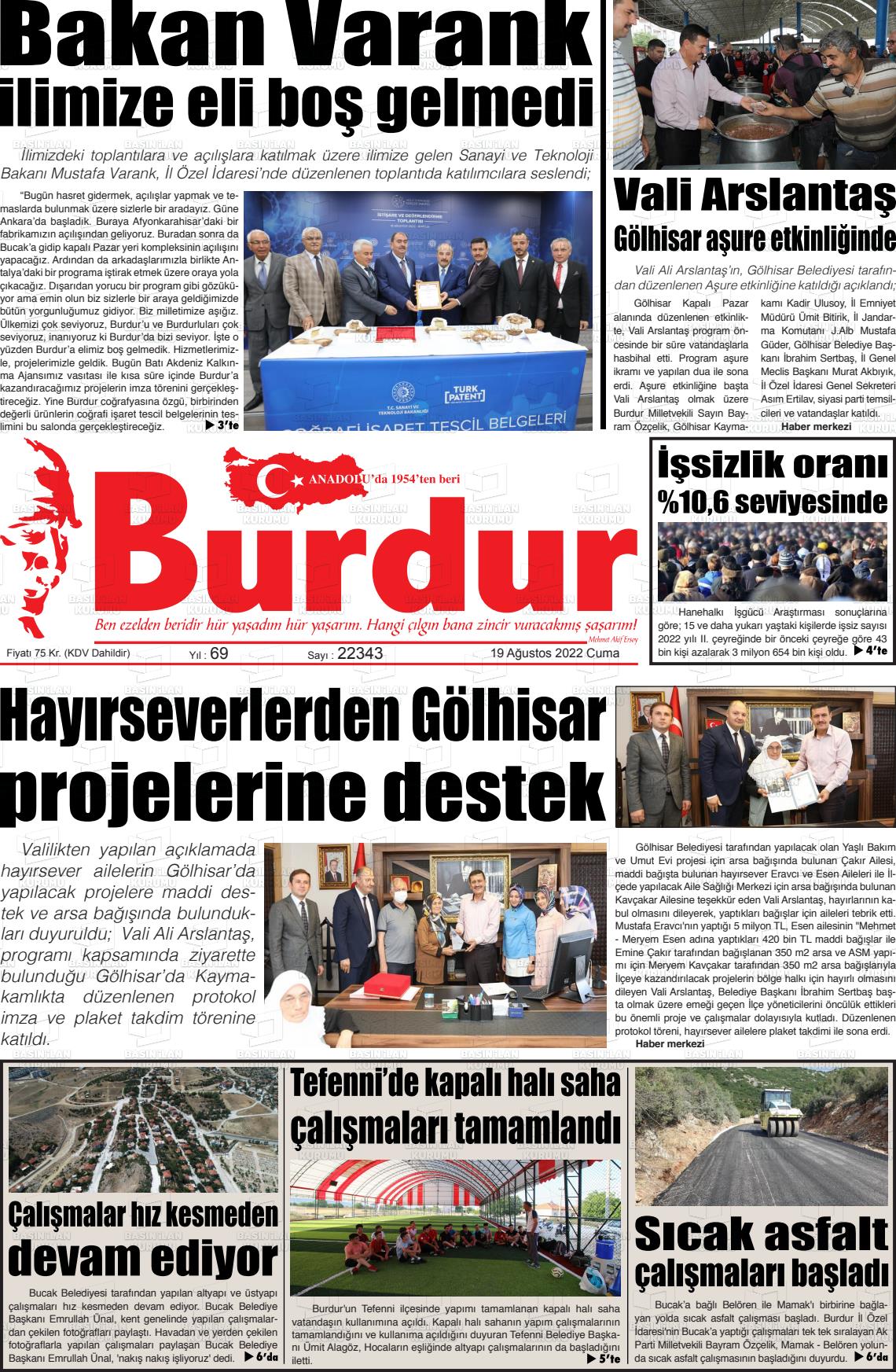 19 Ağustos 2022 Burdur Gazete Manşeti