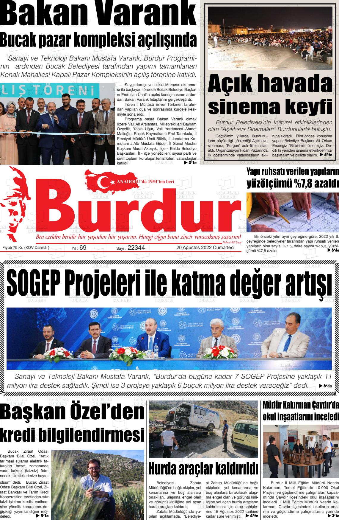 20 Ağustos 2022 Burdur Gazete Manşeti