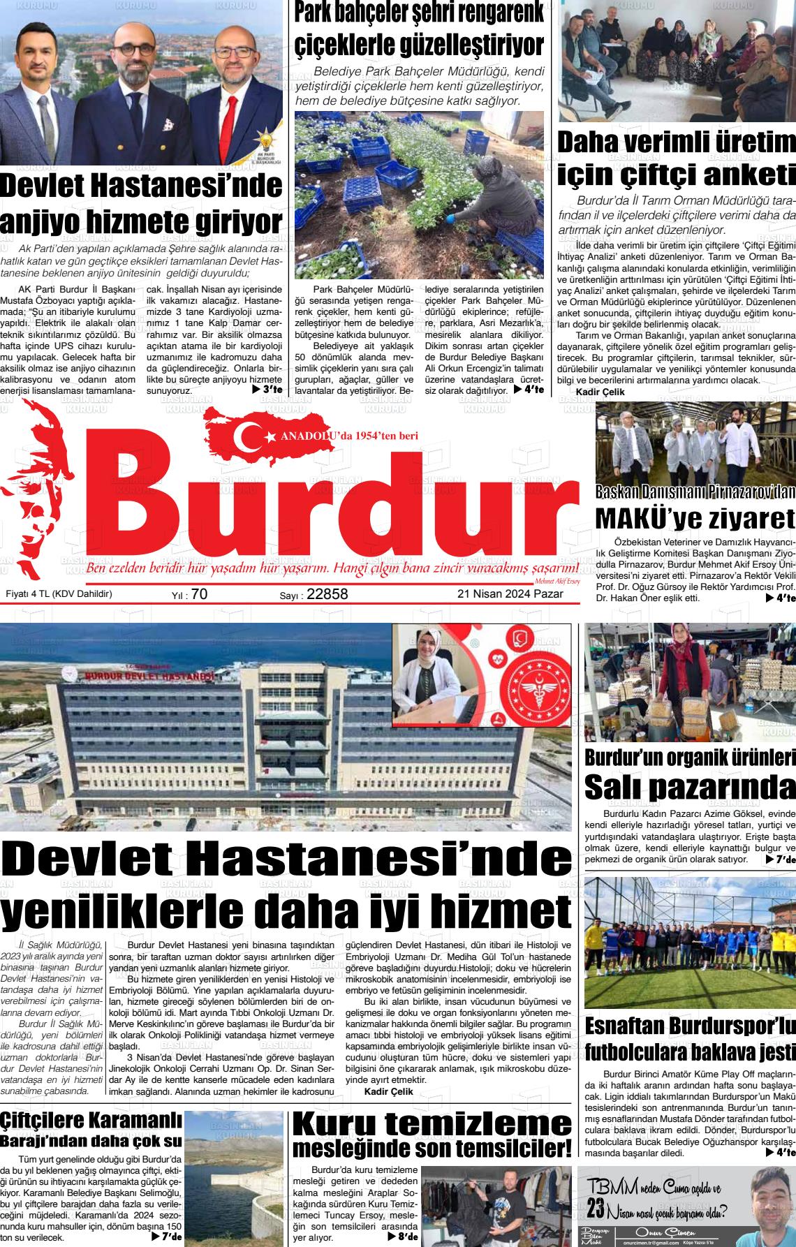 24 Nisan 2024 Burdur Gazete Manşeti
