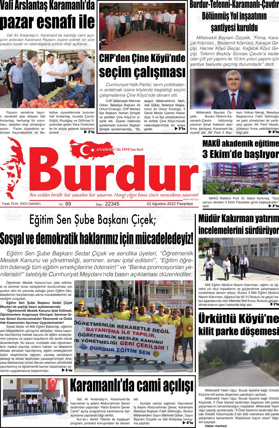22 Ağustos 2022 Burdur Gazete Manşeti
