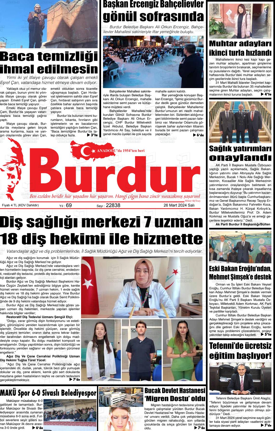 26 Mart 2024 Burdur Gazete Manşeti